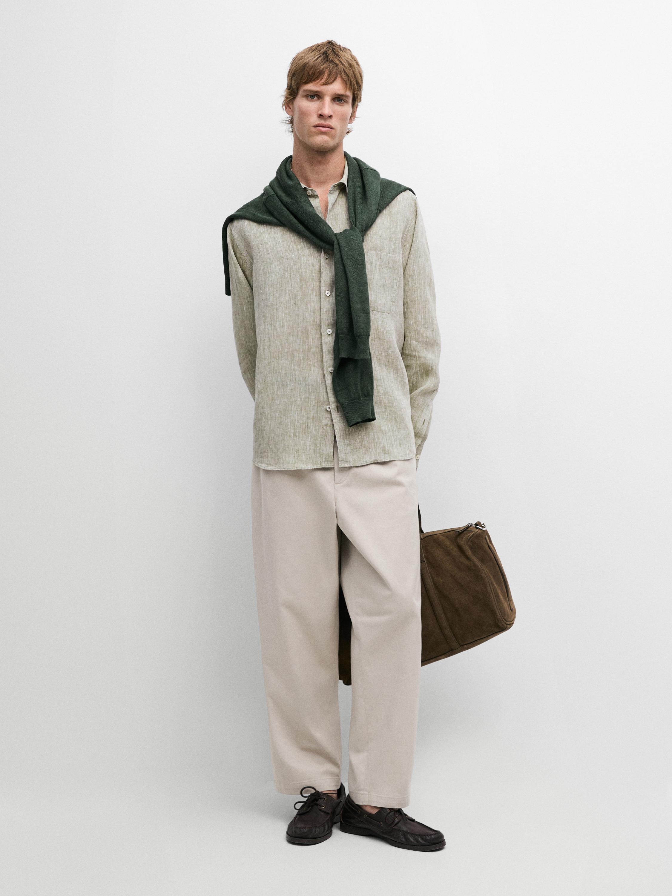 Regular fit linen shirt with pocket — Green billiard