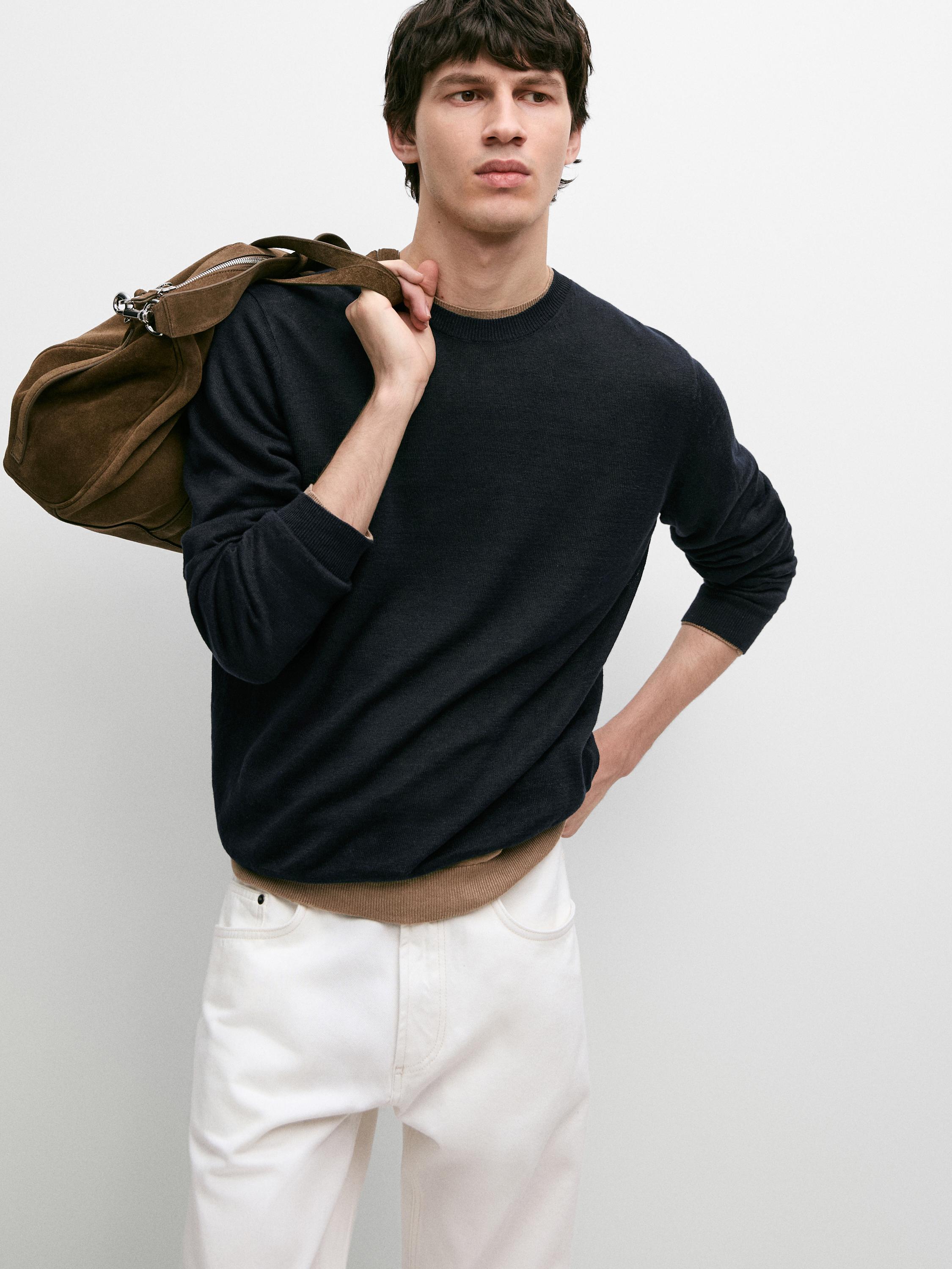 100% linen knit crew neck sweater — NAVY BLUE