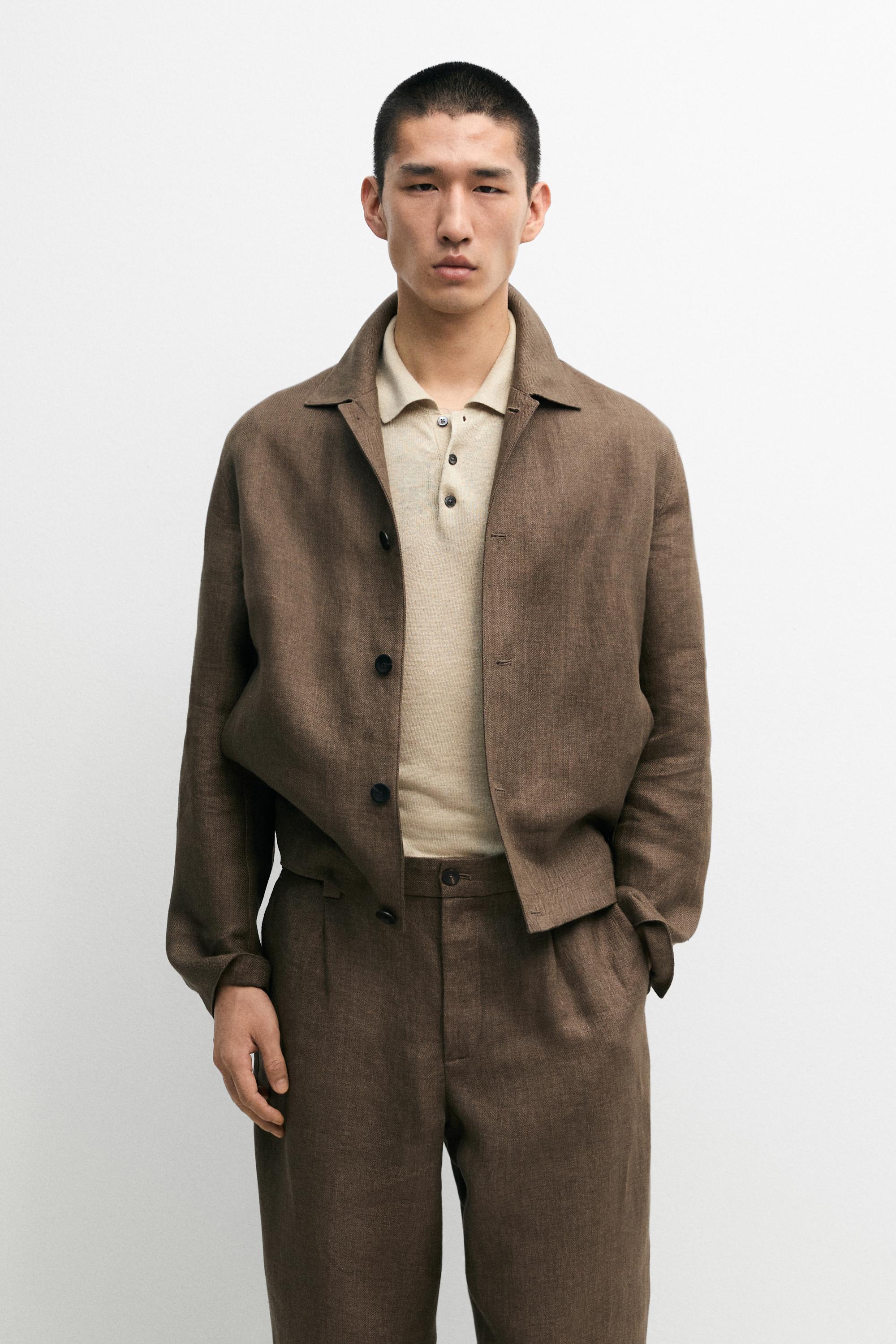 Total look linen trousers with herringbone detail — OCHRE