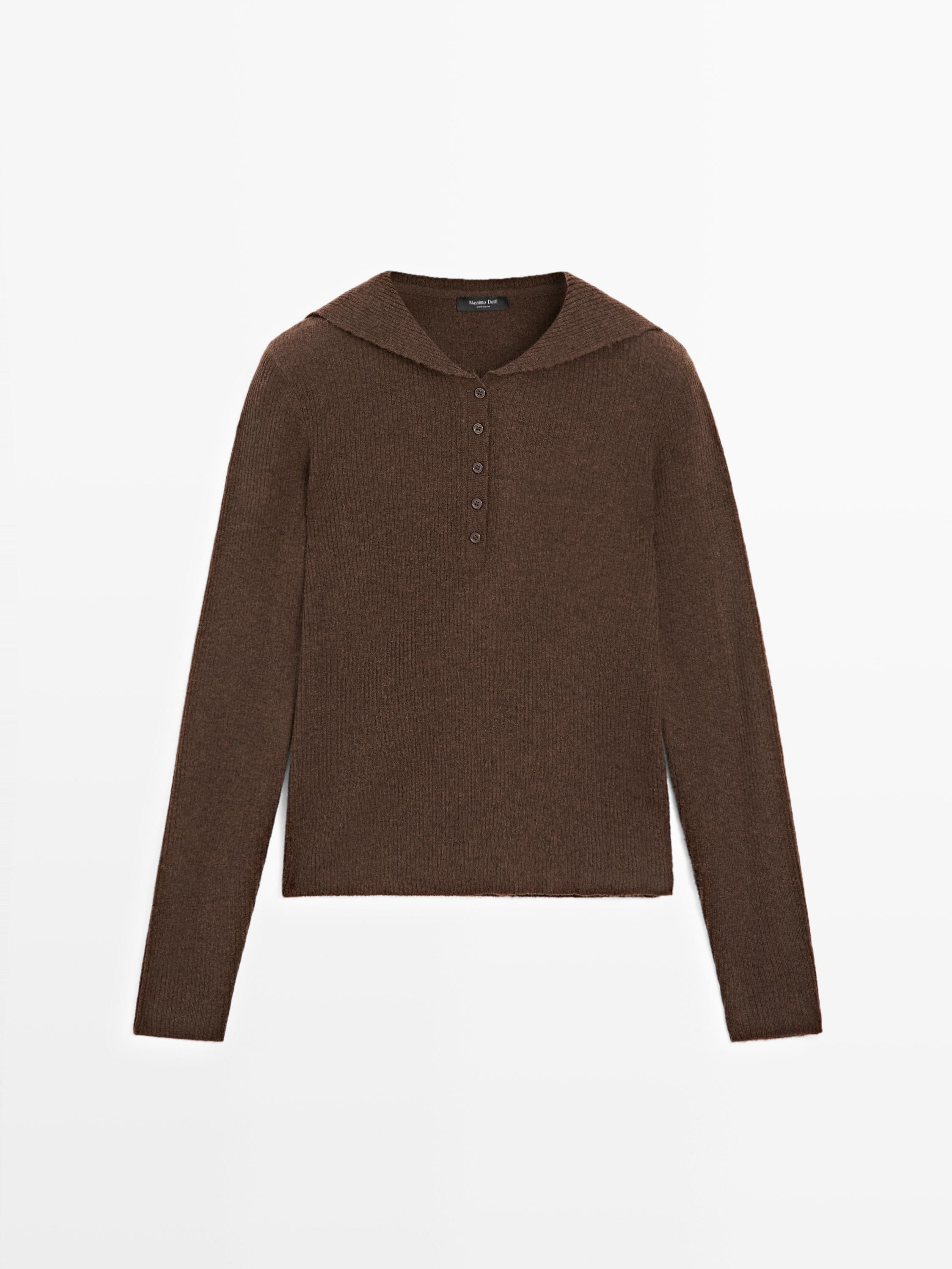 Front view of a brown long-sleeve polo neck sweater with a partial button placket.
