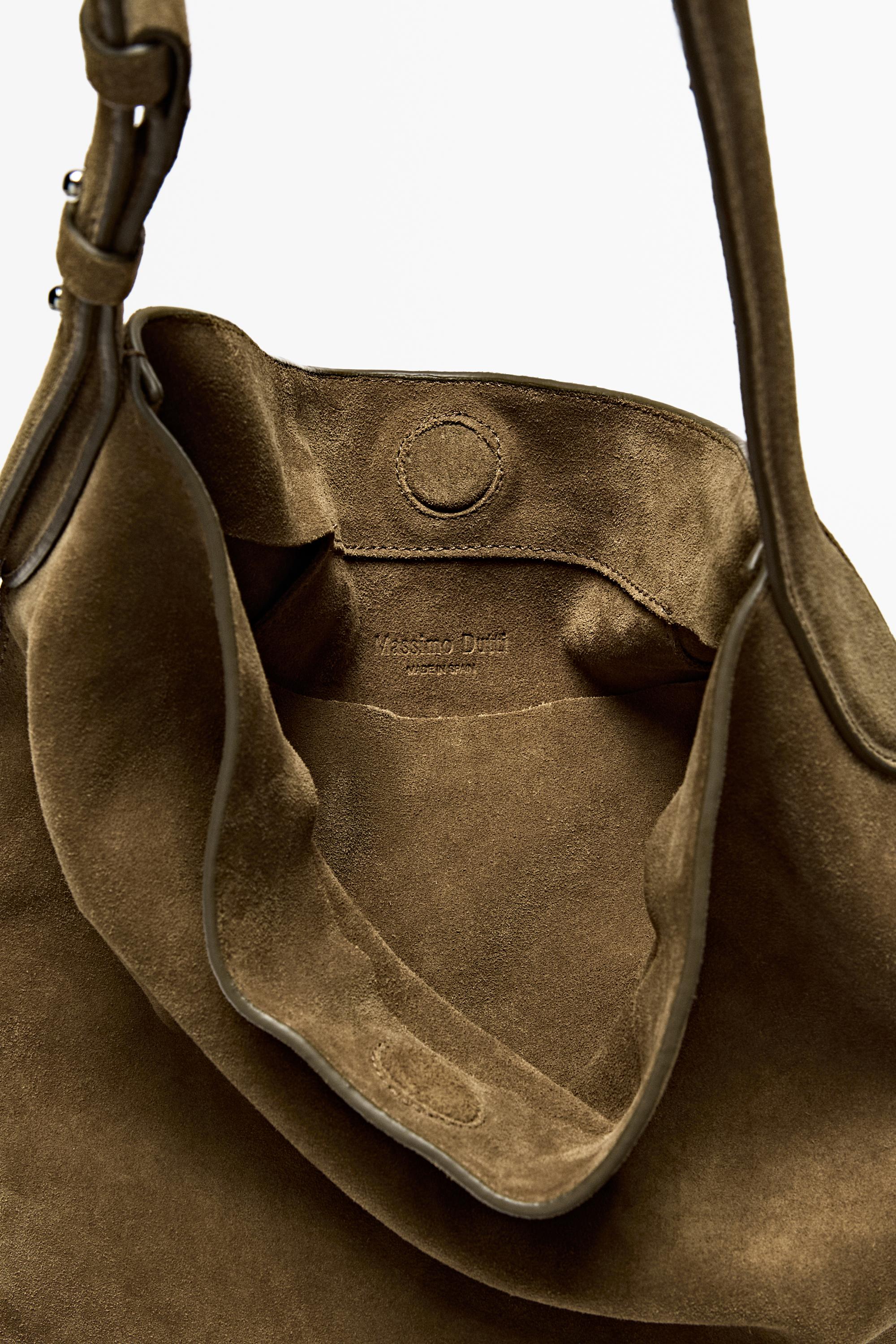 Distressed split suede leather bucket bag — KHAKI GREEN