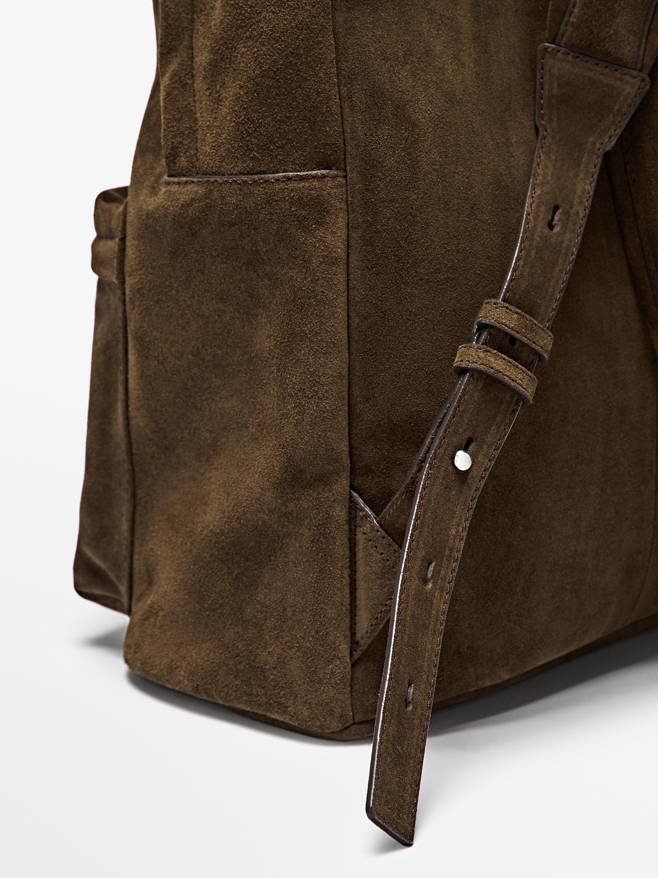 Suede leather backpack with zip — KHAKI