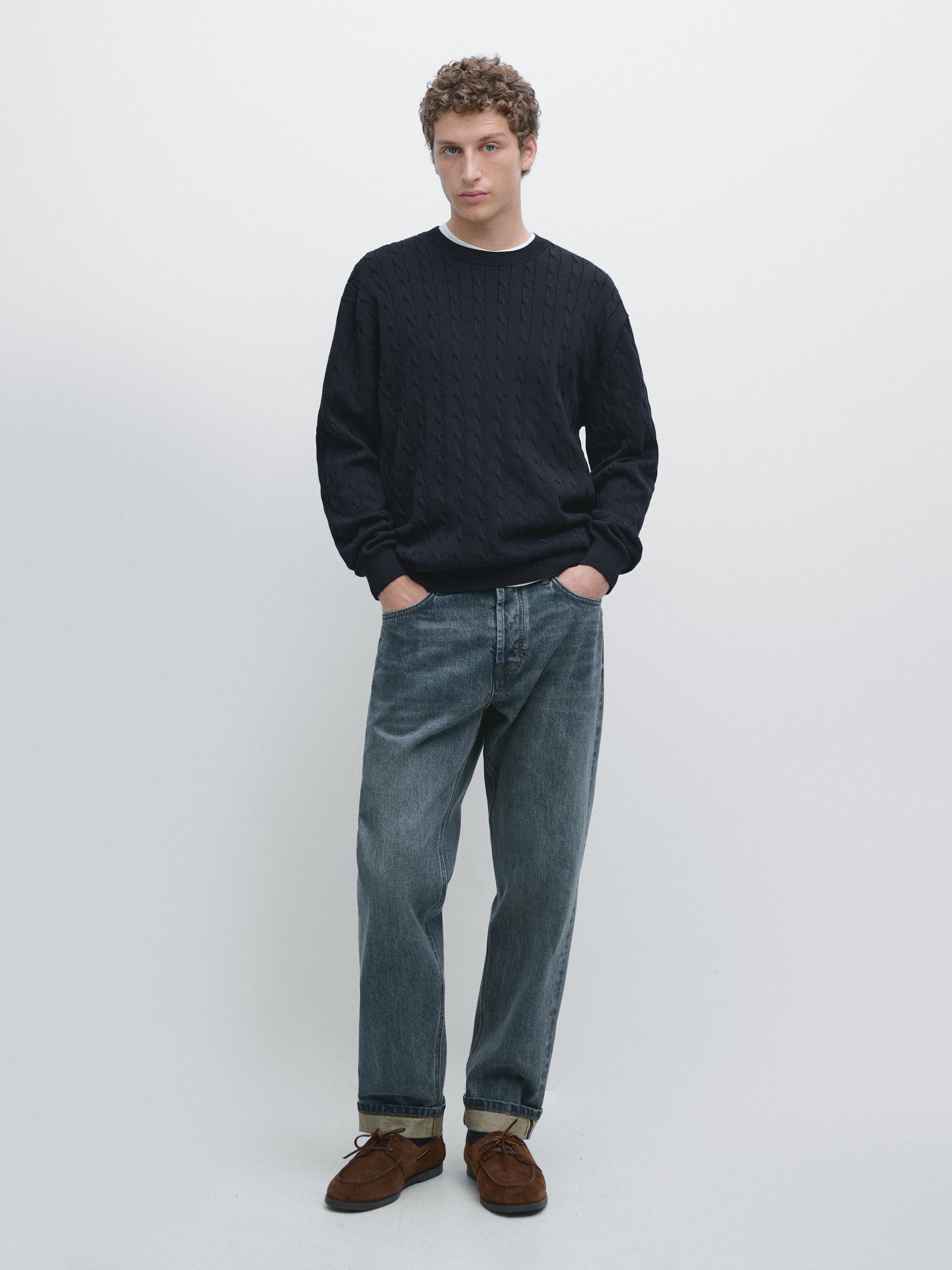 100% cotton cable-knit sweater — NAVY BLUE