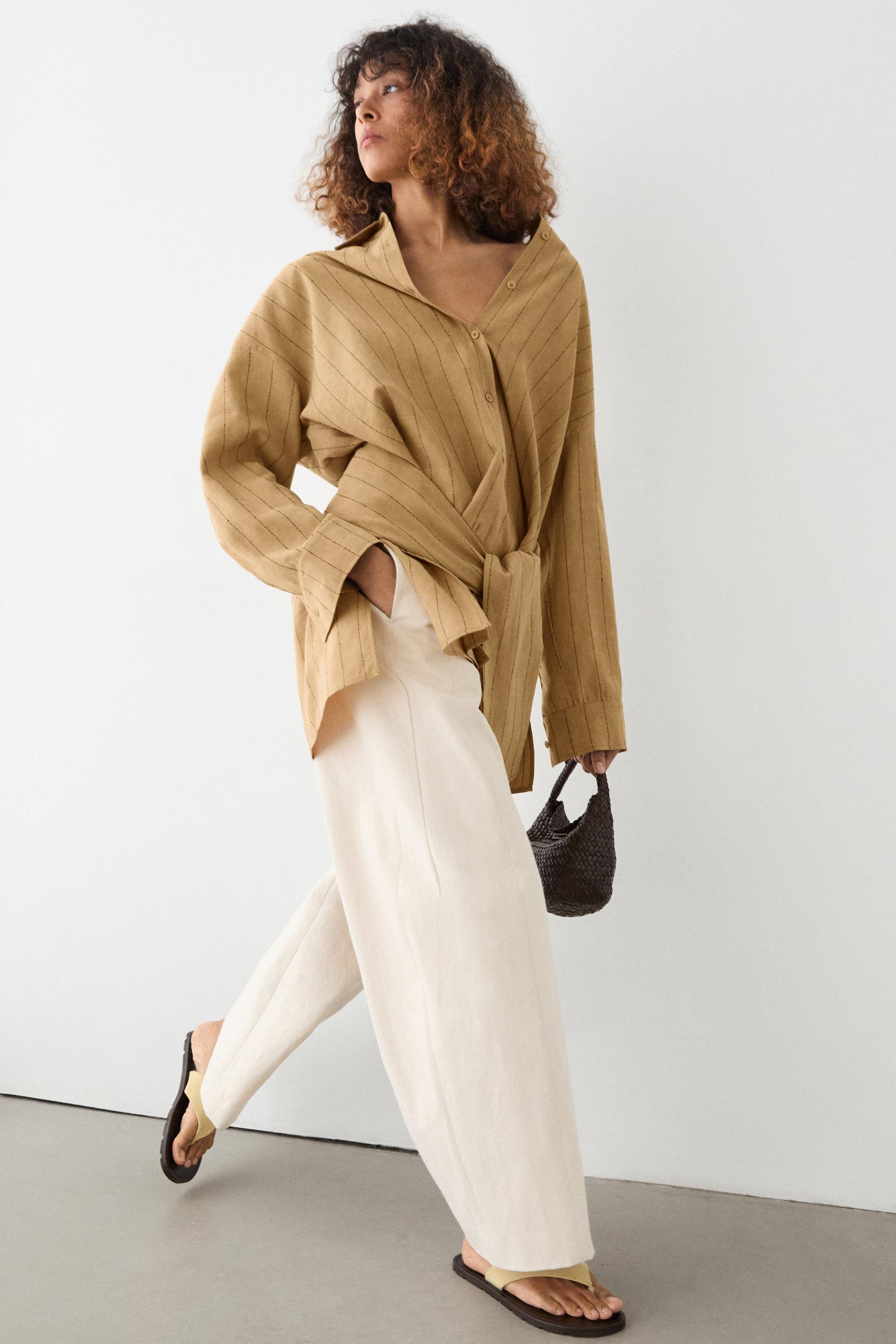 Flowing striped shirt with sash detail