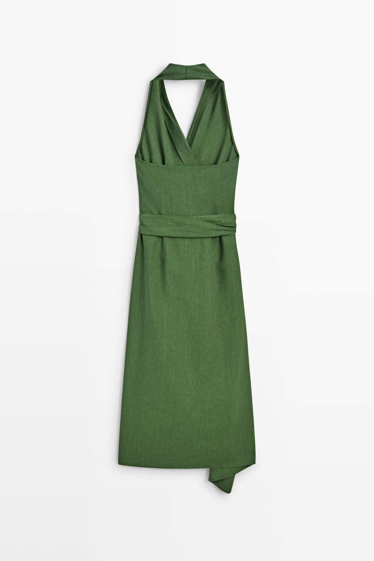 Linen halter wrap midi dress — GREEN