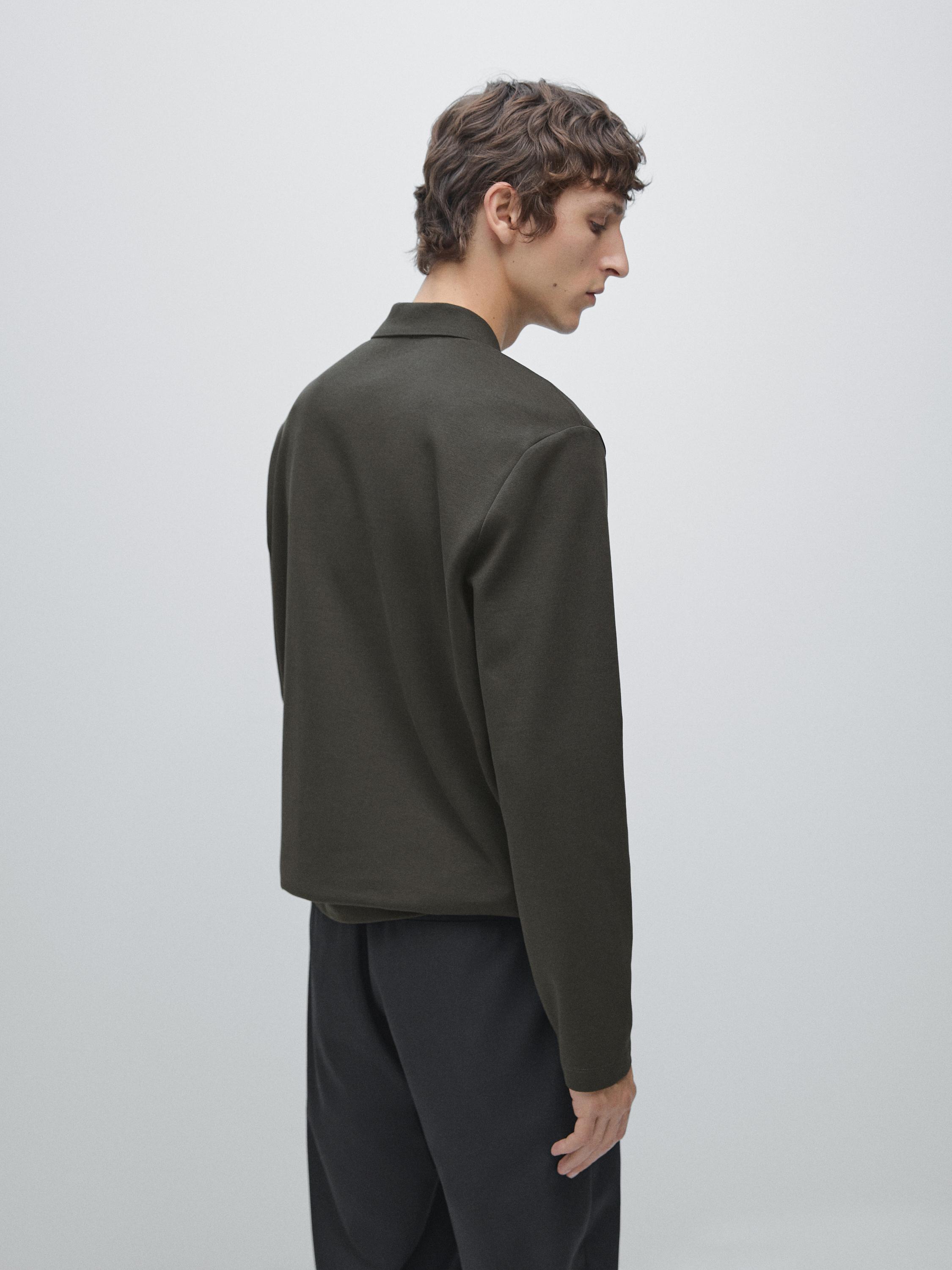 Long sleeve polo shirt with ribbed detail — CHARCOAL GREY