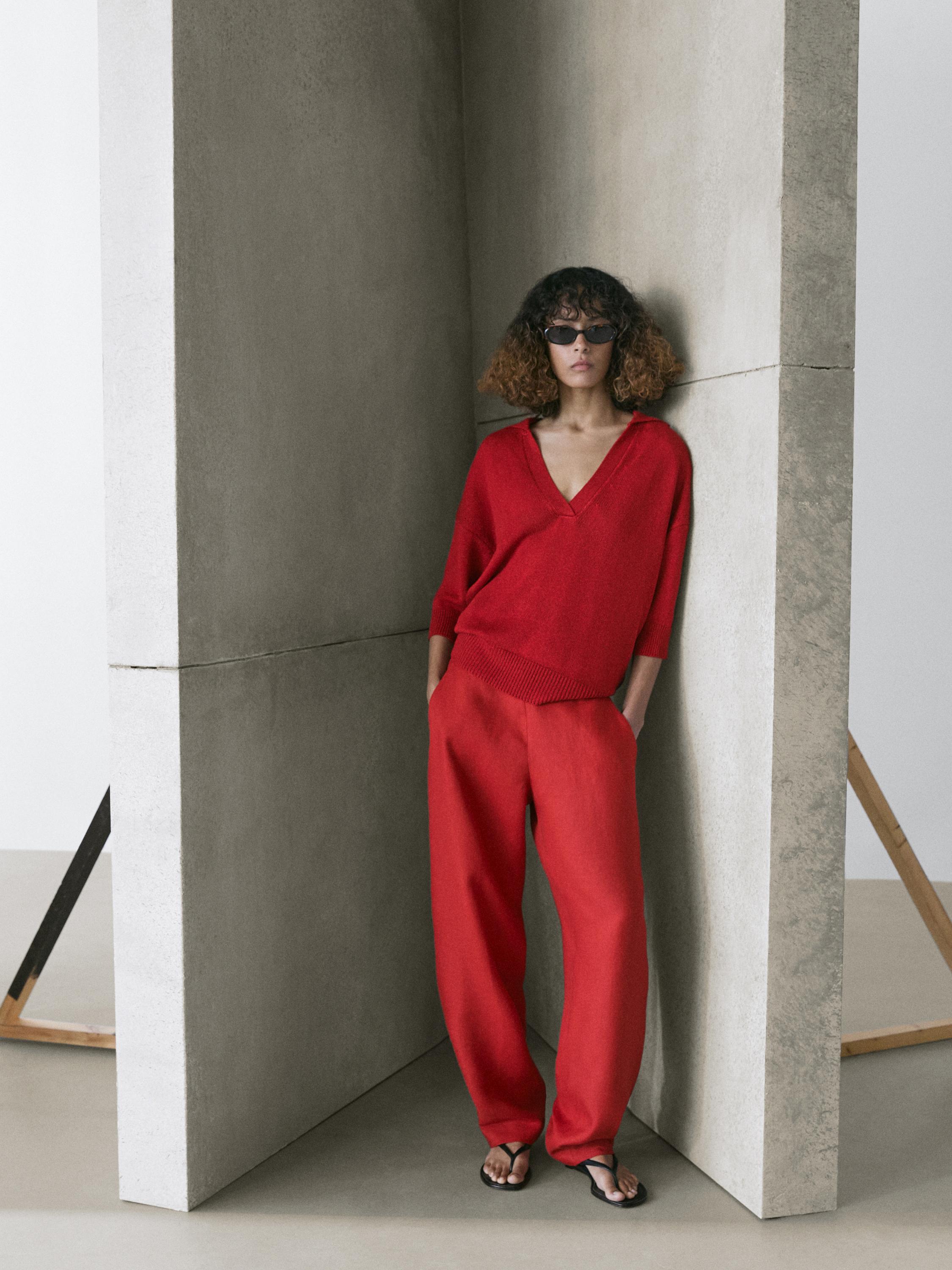 Flowing knit polo sweater — RED
