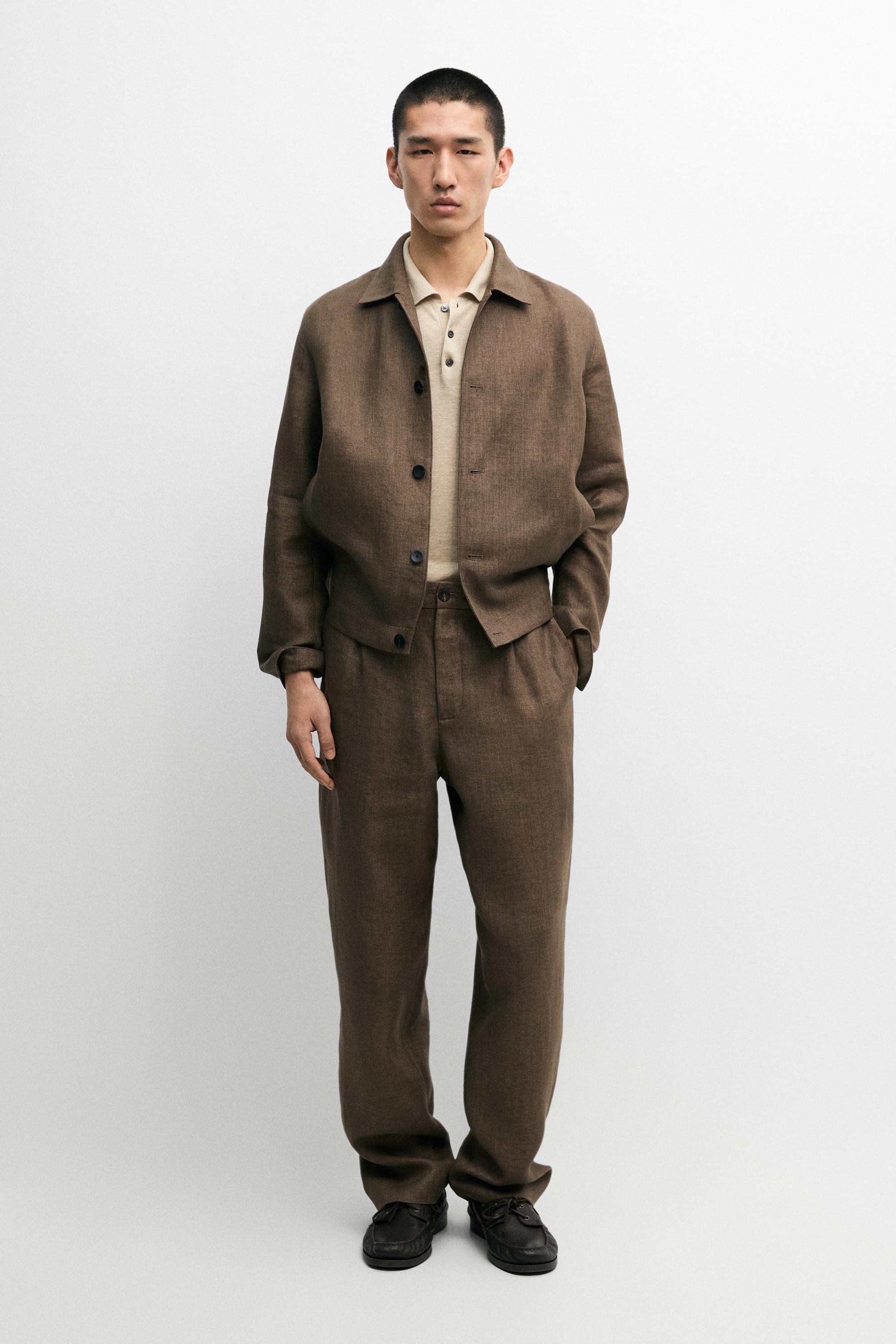 Total look linen trousers with herringbone detail — OCHRE