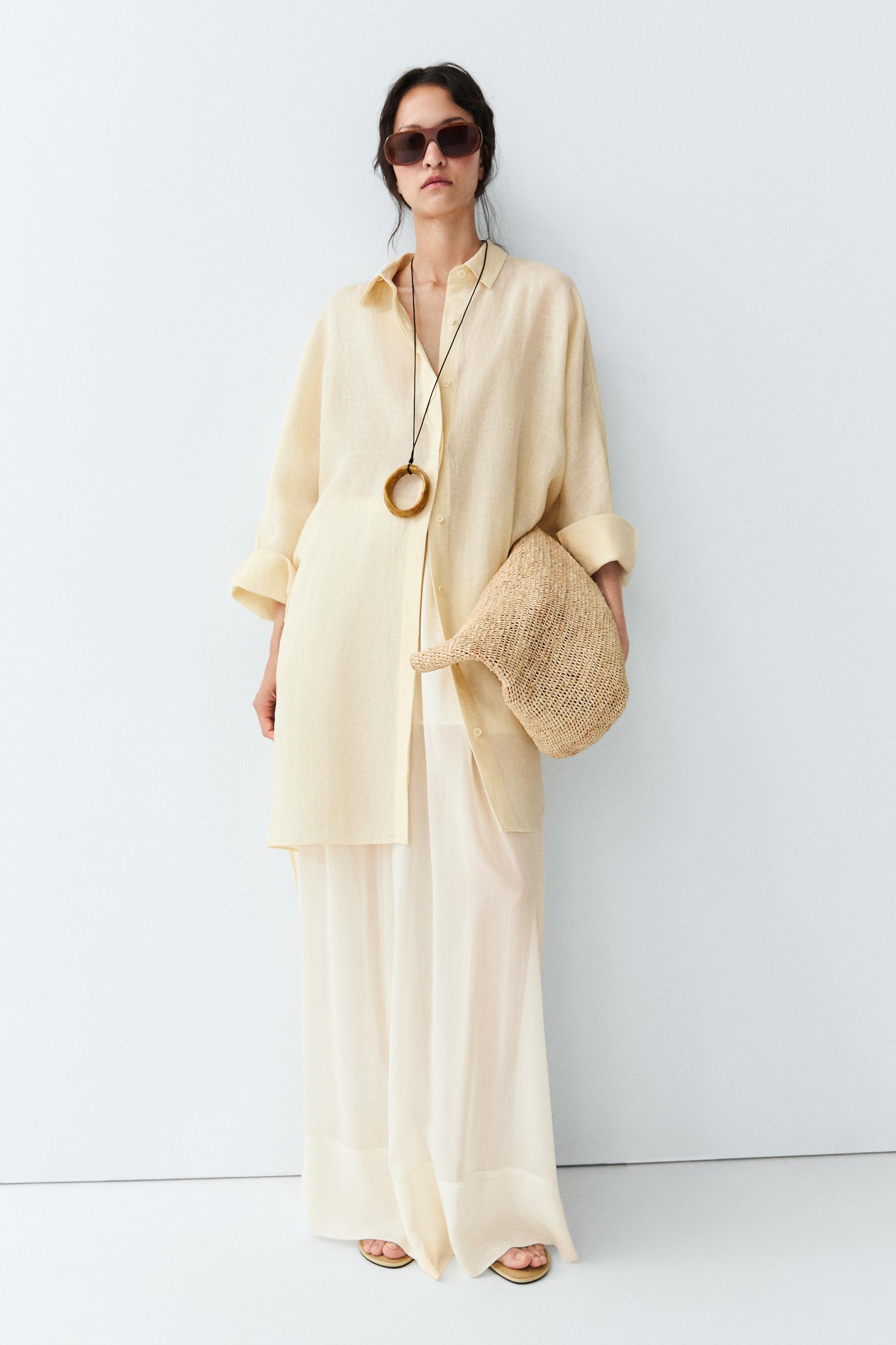 100% linen short shirt dress — PALE YELLOW
