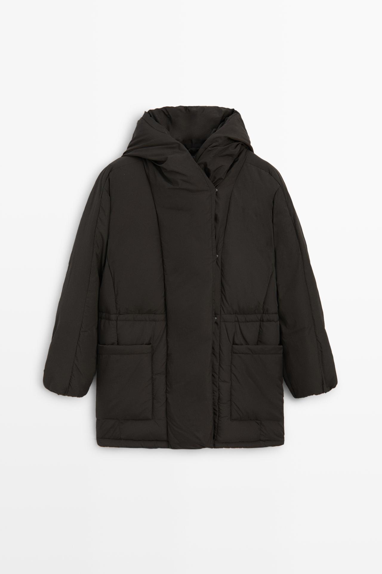 Suede puffer jacket with hood detail — MOLE BROWN