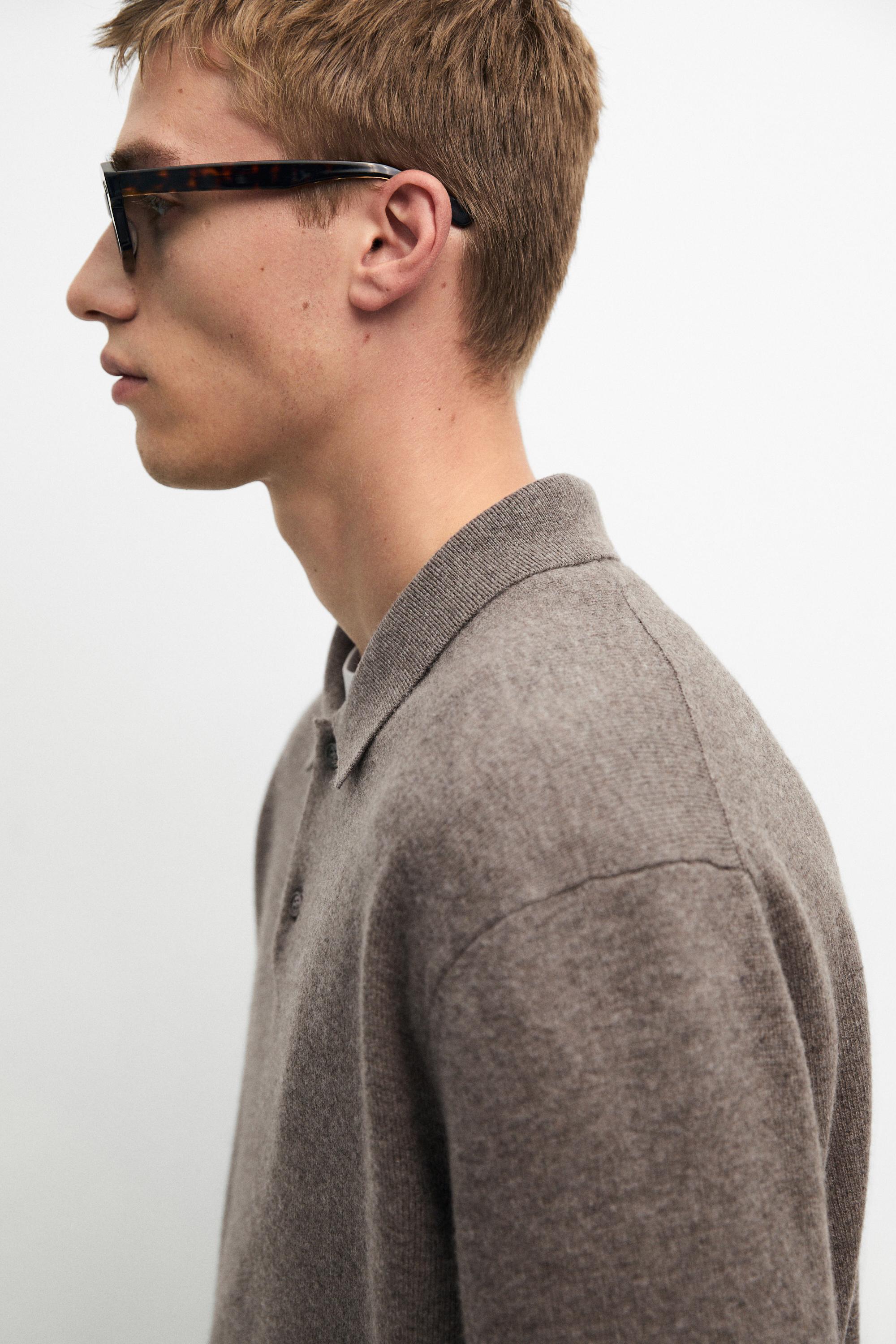 Wool blend knit polo sweater — DARK KHAKI