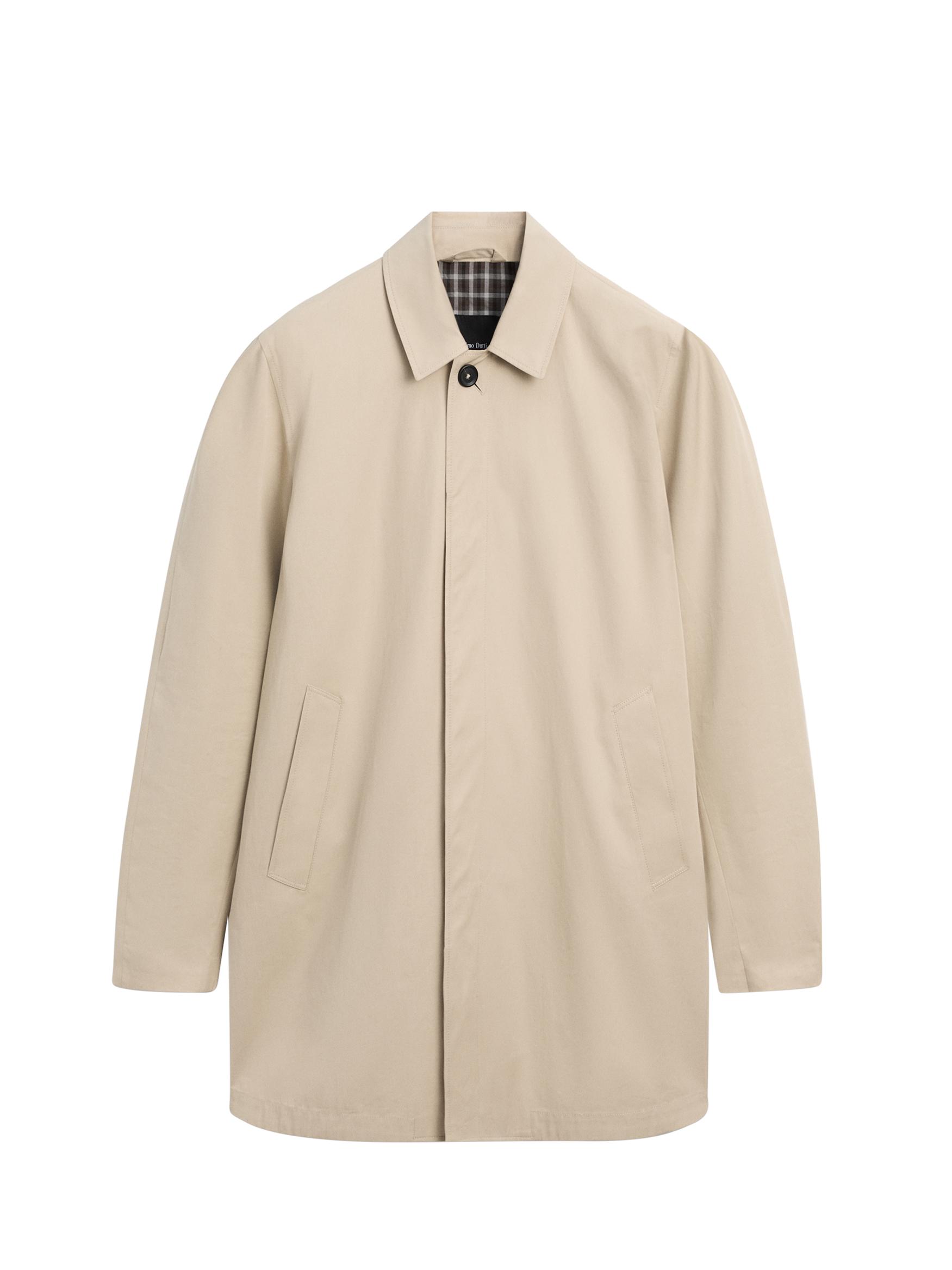 Check cotton trench coat with interior detail — BEIGE