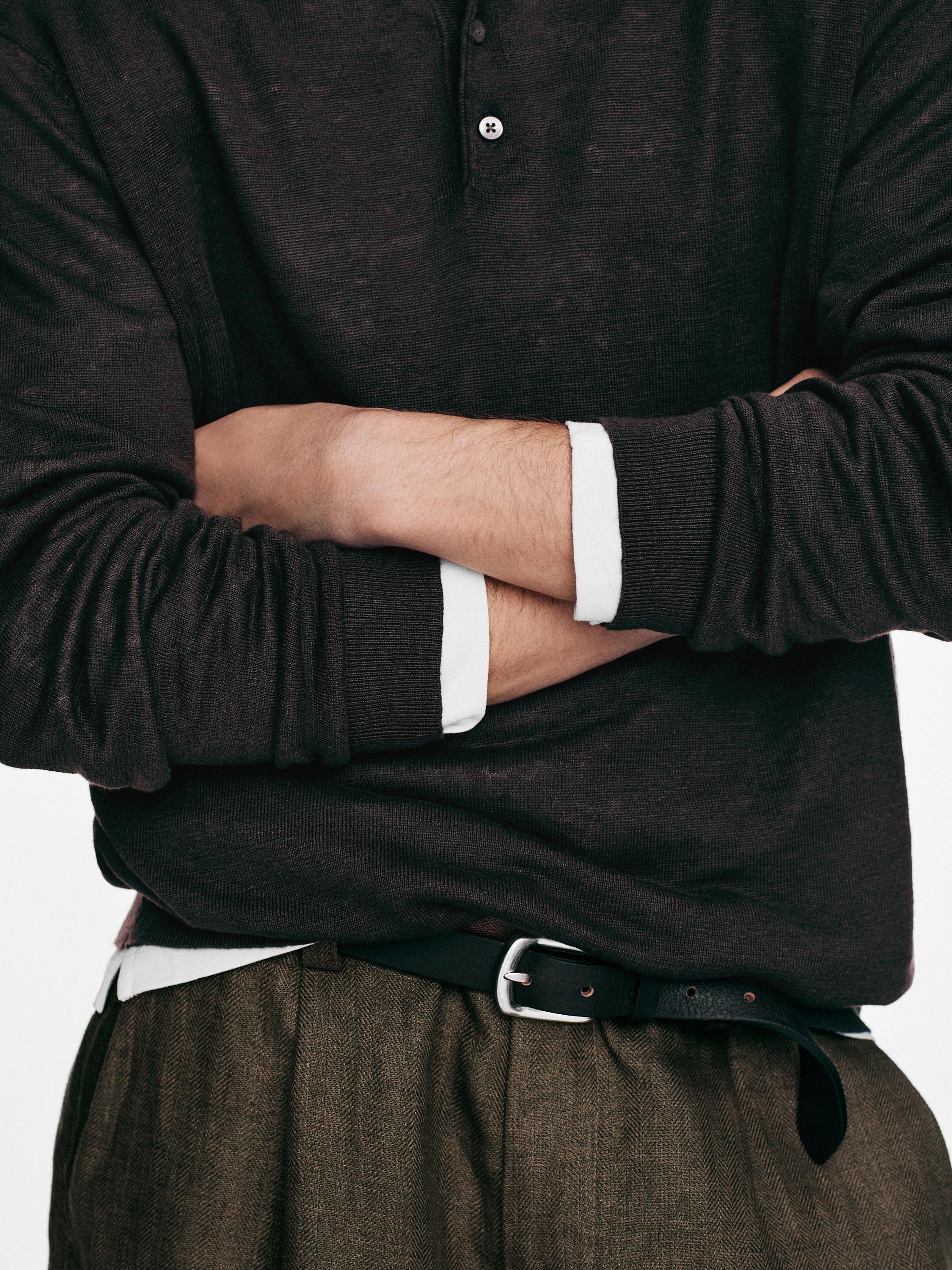 100% linen knit polo collar sweater — DARK BOTTLE GREEN