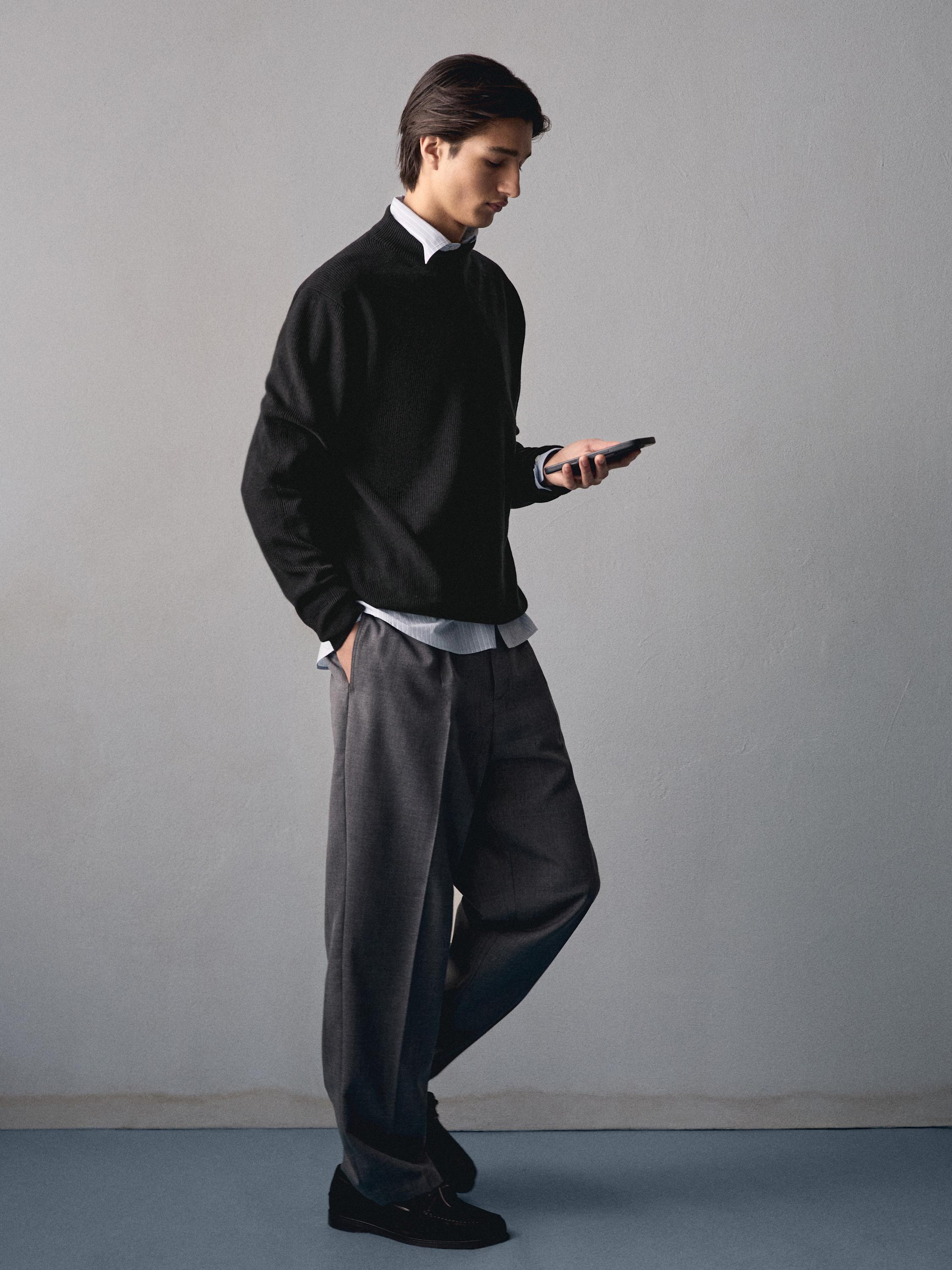 Cotton blend knit sweater with mock turtleneck — BLACK
