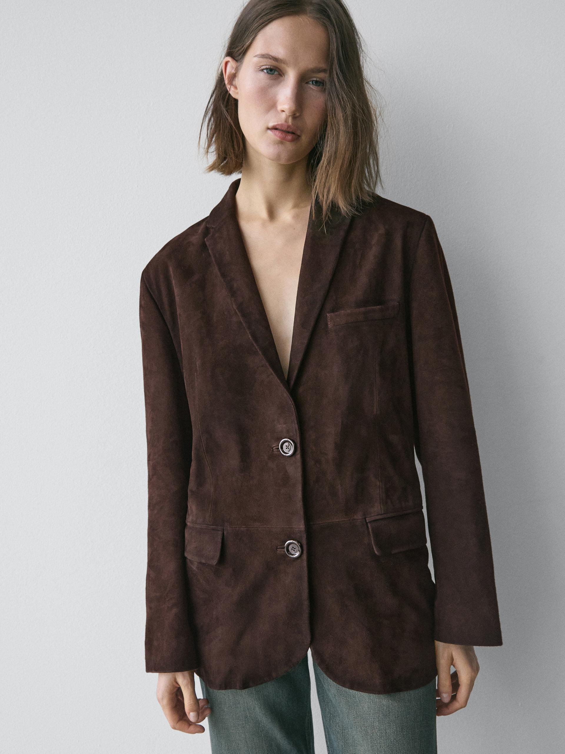 Blazer 100% Cuir Effet Daim - Marron - L - Massimo Dutti - Femme