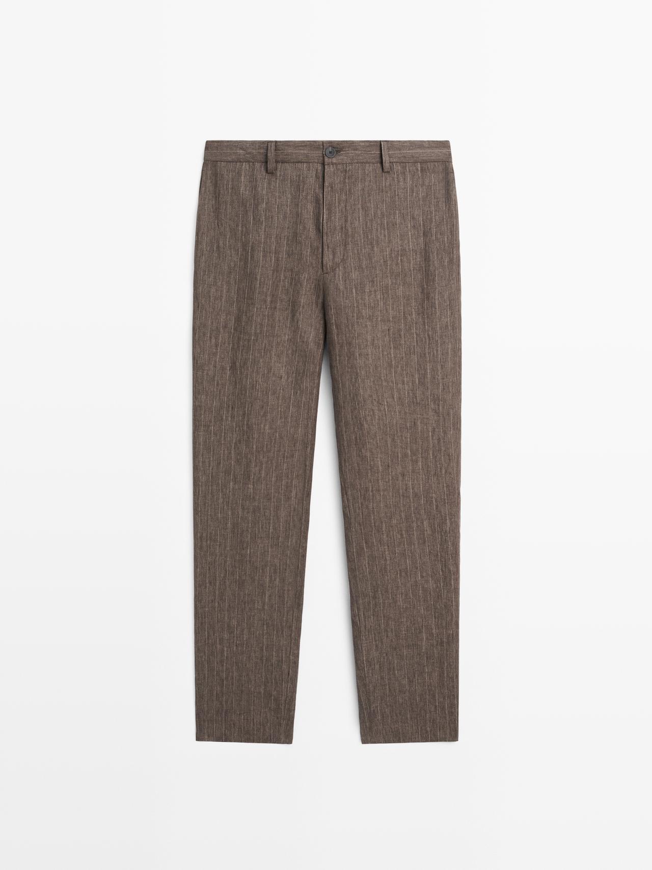 Massimo Dutti - Herre - Stribede Bukser I Hør - Brun - 48