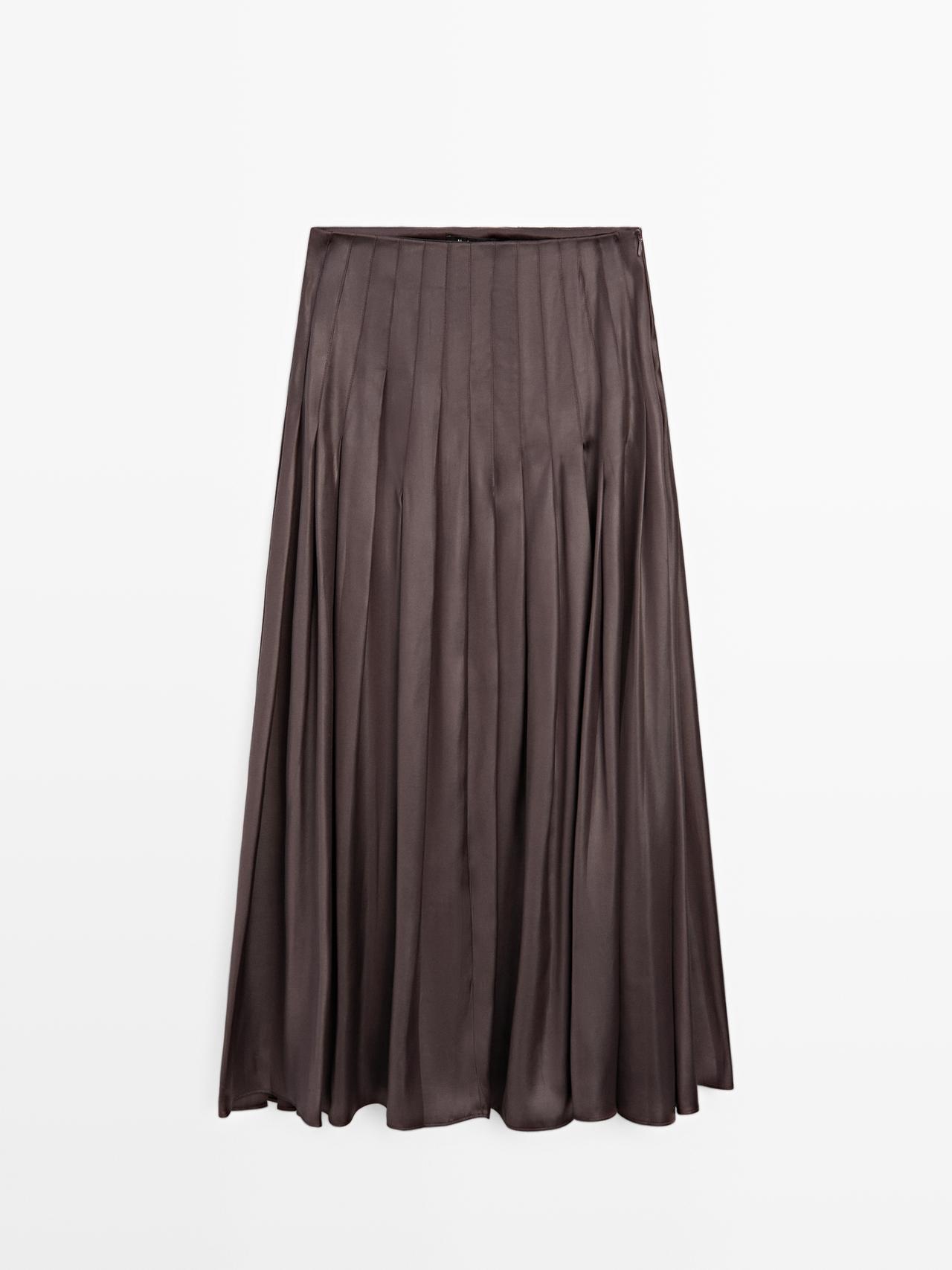 Massimo Dutti - Dame - Plisseret Midi-Nederdel Med Voksbehandlet Finish - Aubergine - 42