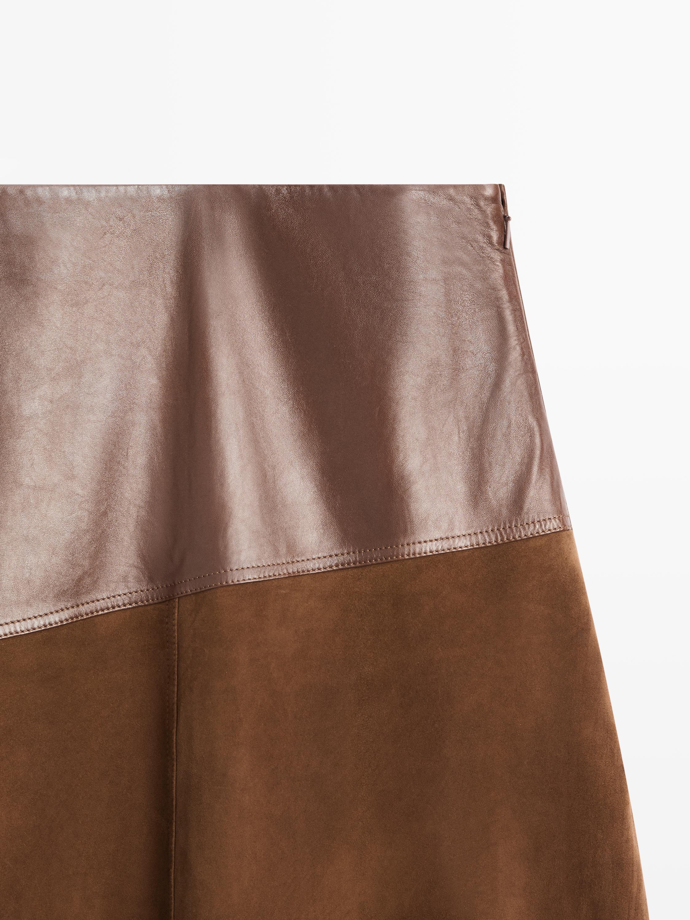 Suede nappa leather skirt with asymmetric yoke — BROWN