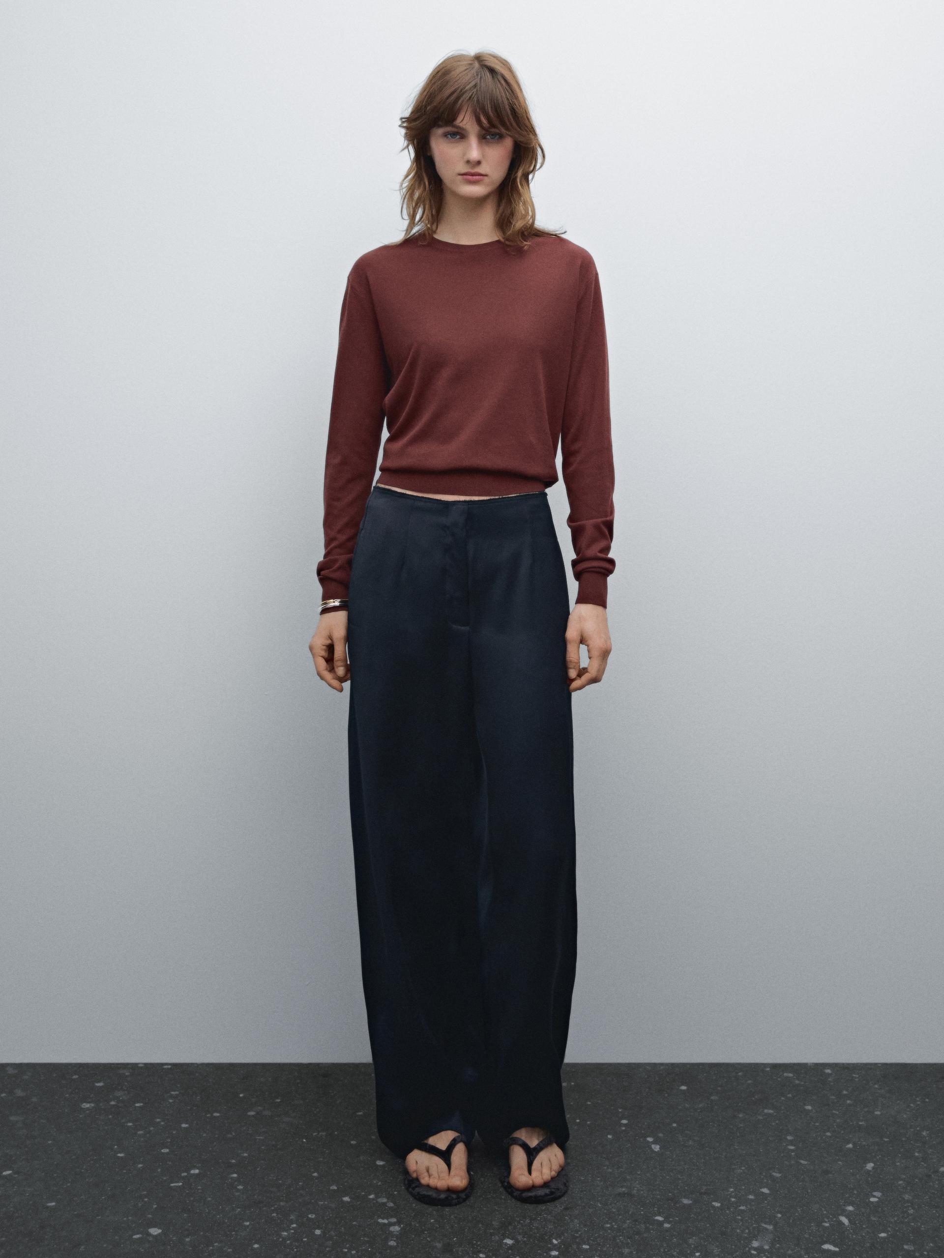 Dzianinowy Sweter Z Mieszanki Bawełny - Brązowy - Xs - Massimo Dutti - Kobieta