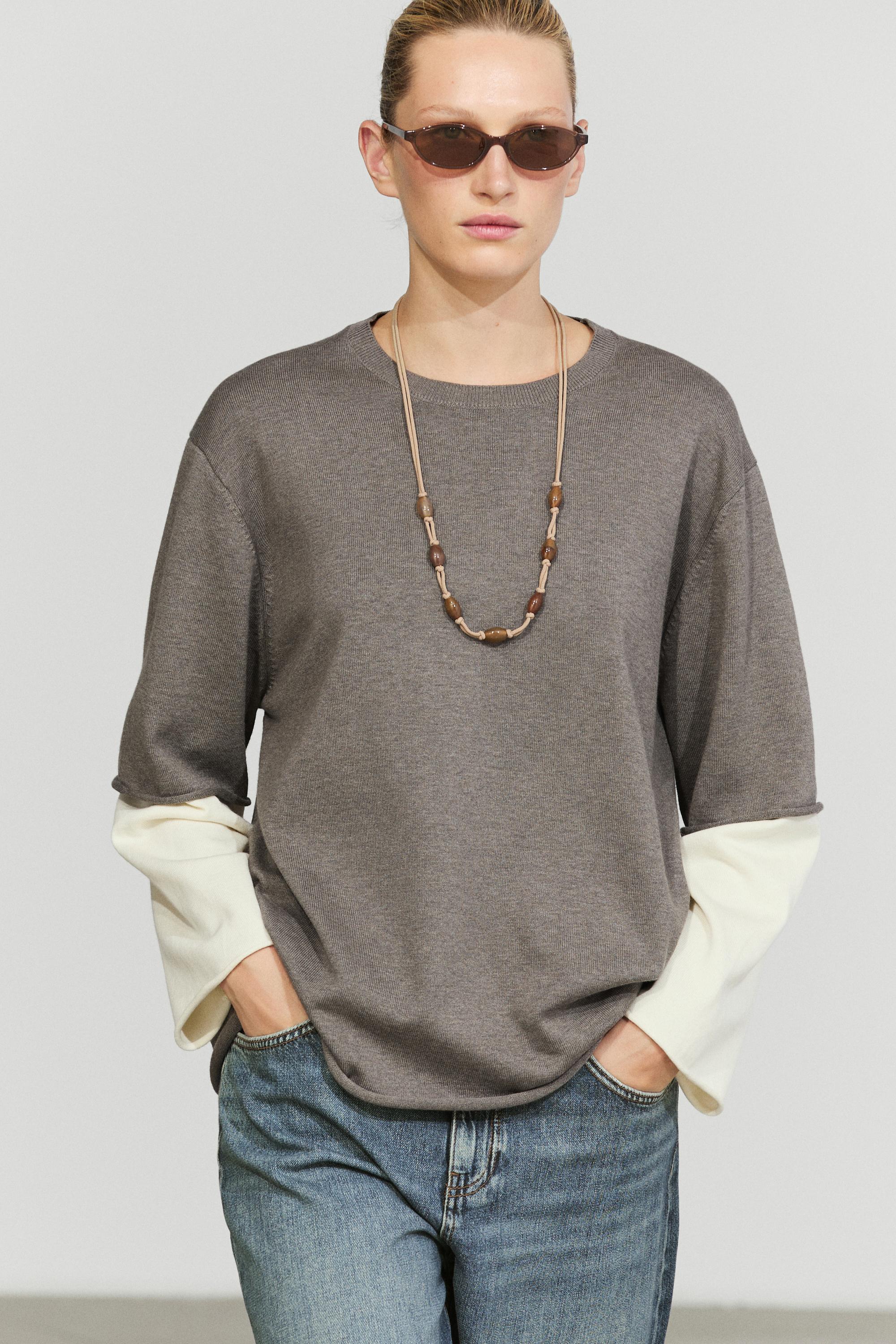 Oversize knit sweater with double sleeve detail — DARK KHAKI