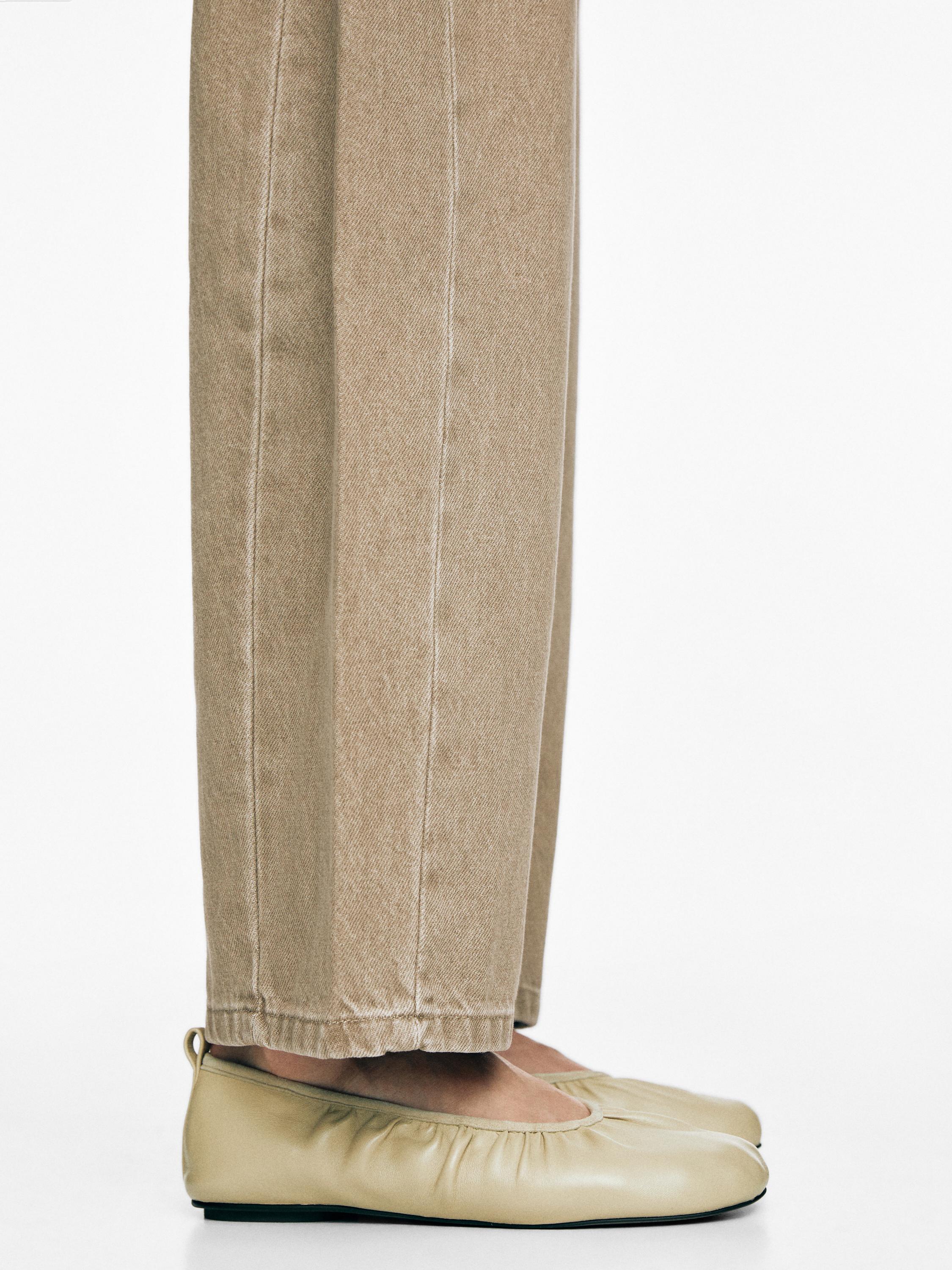 Soft leather ballet flats with gathered detail — BEIGE