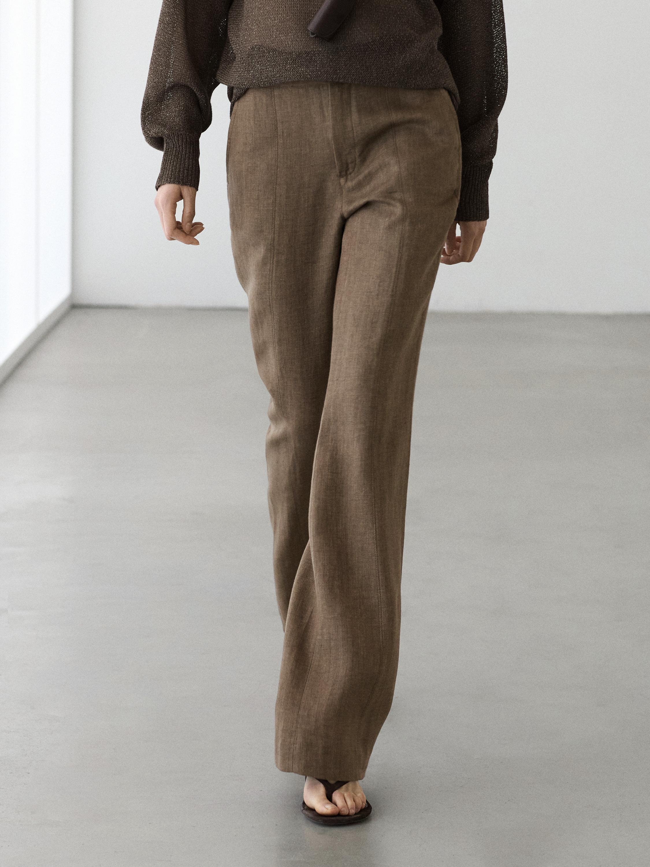 100% linen kick flare trousers — BROWN