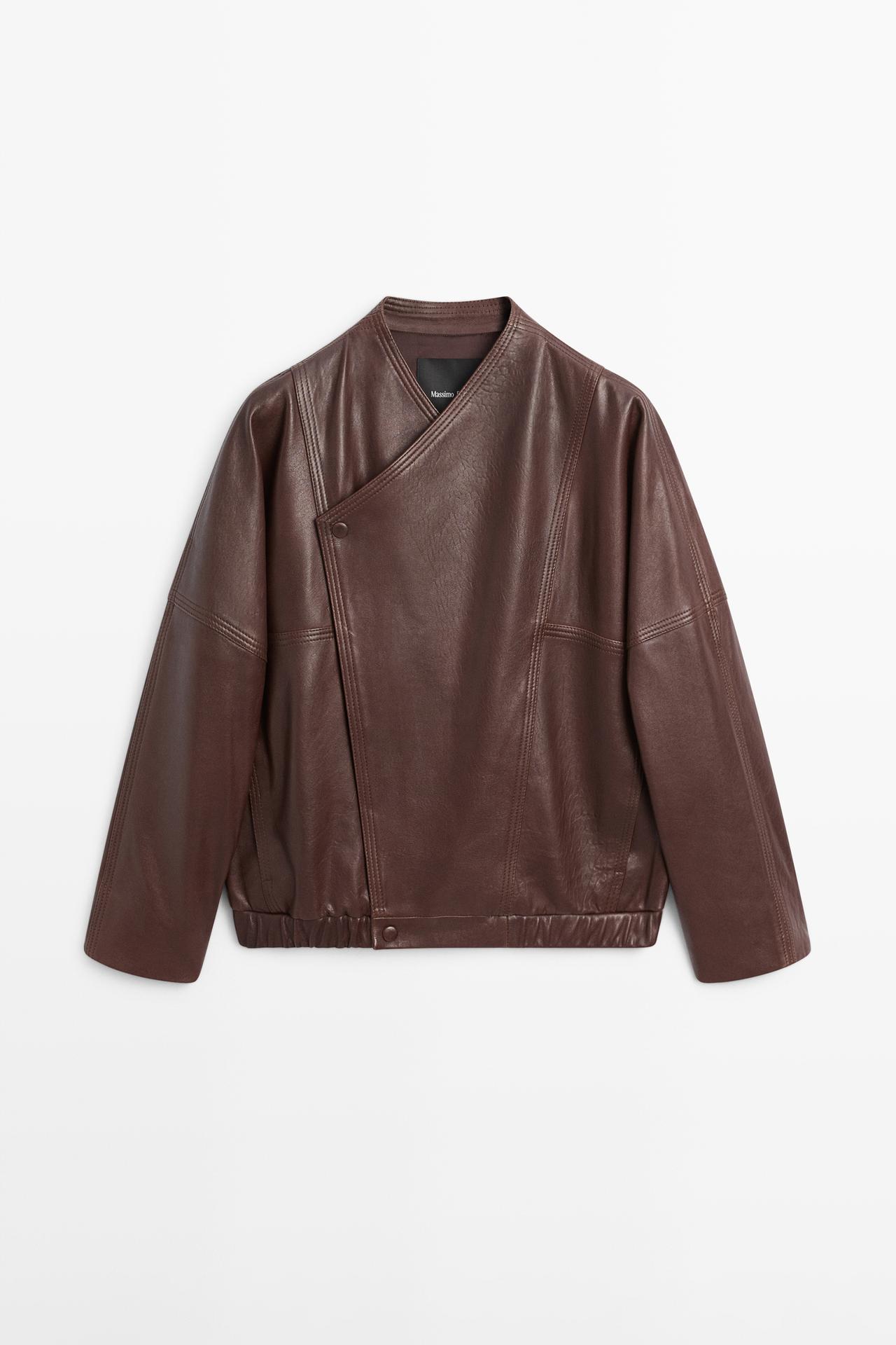 Asymmetric nappa leather bomber jacket — BROWN