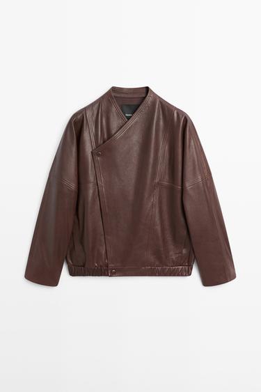 Asymmetric nappa leather bomber jacket — BROWN 2