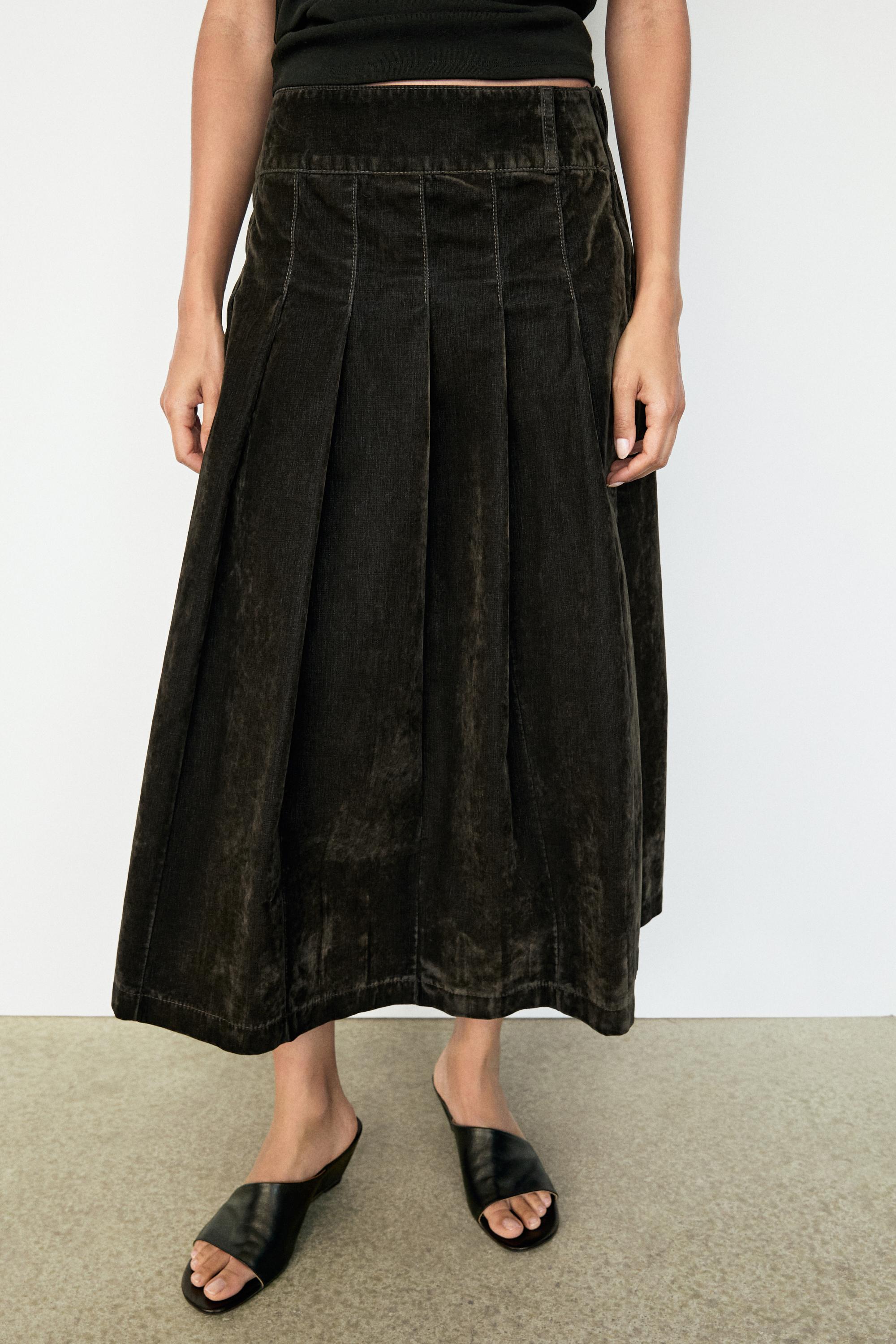 Flocked denim midi skirt with box pleats — KHAKI