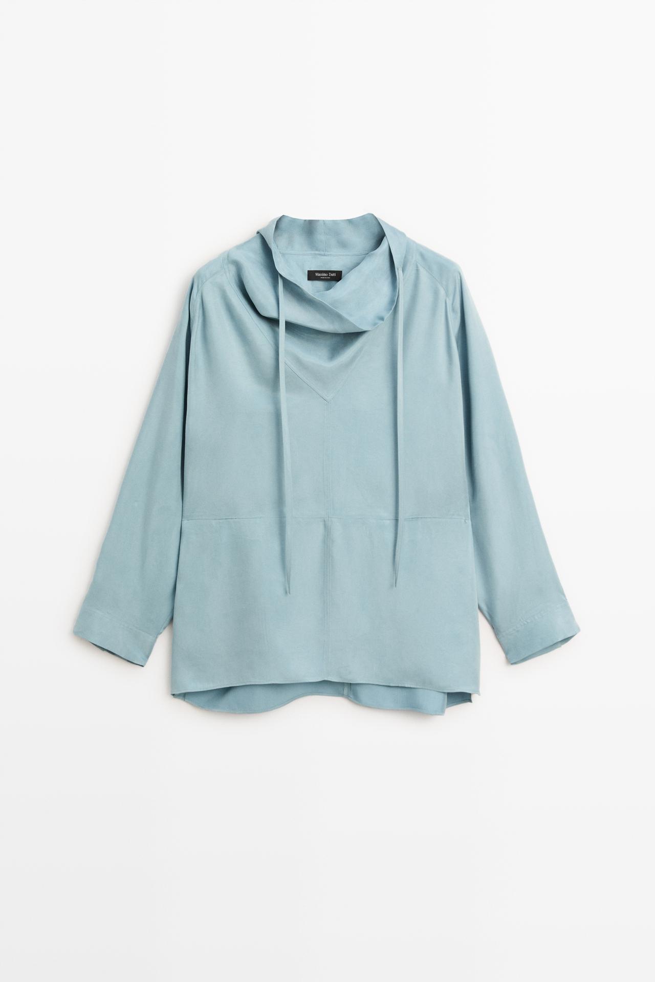 Flowy blouse with stand collar and drawstrings — GREY BLUE