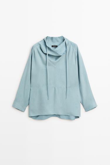 Flowy blouse with stand collar and drawstrings — GREY BLUE 2
