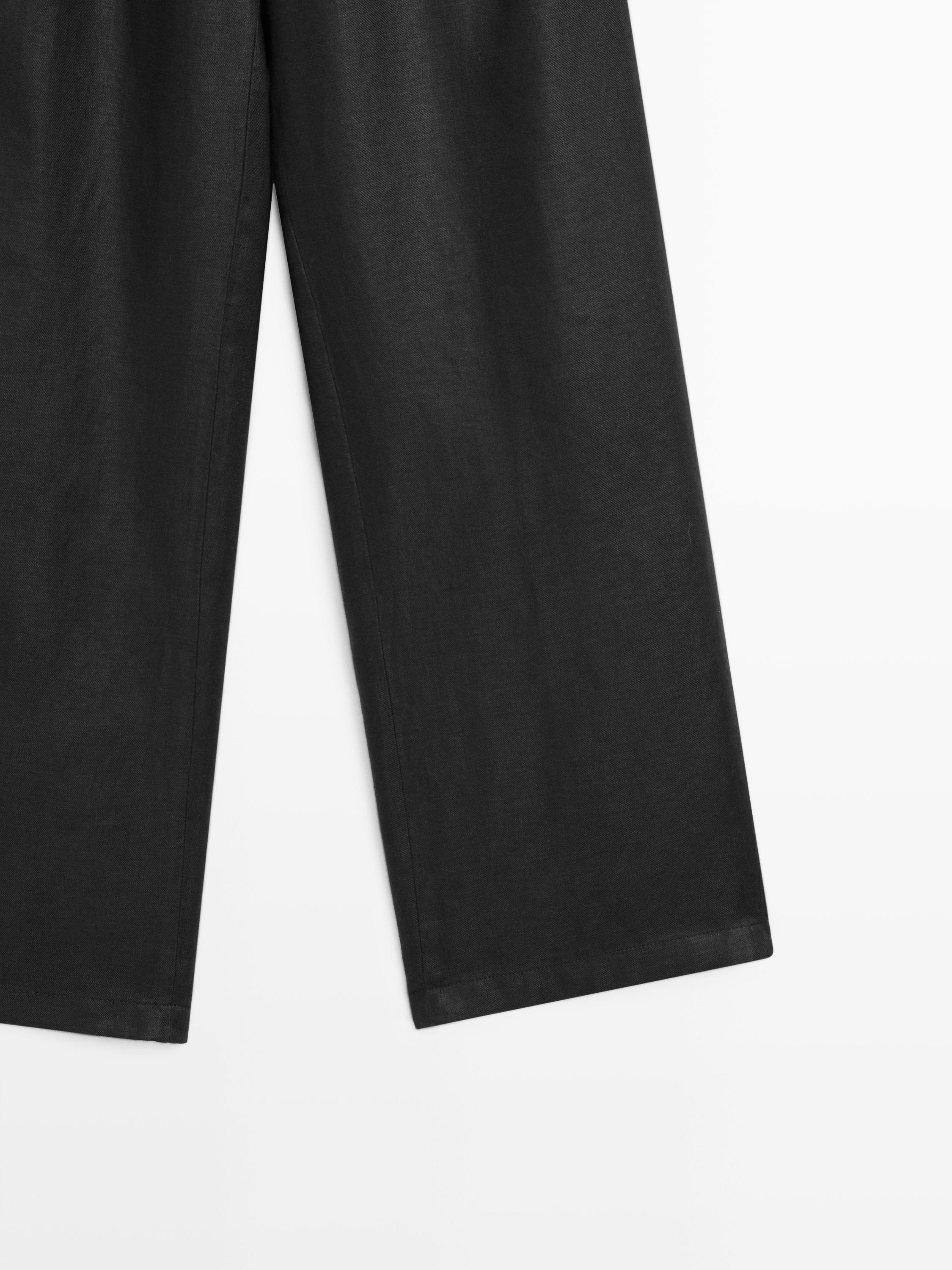100% linen wide-leg elasticated trousers — BLACK