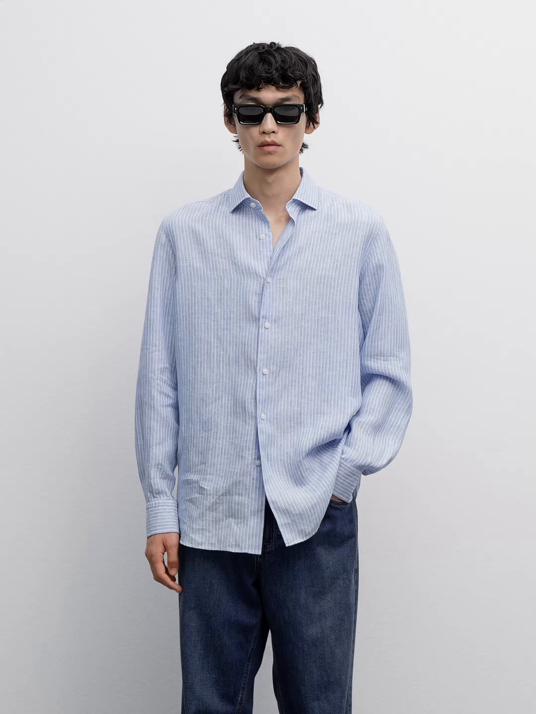 Regular fit striped 100% linen shirt