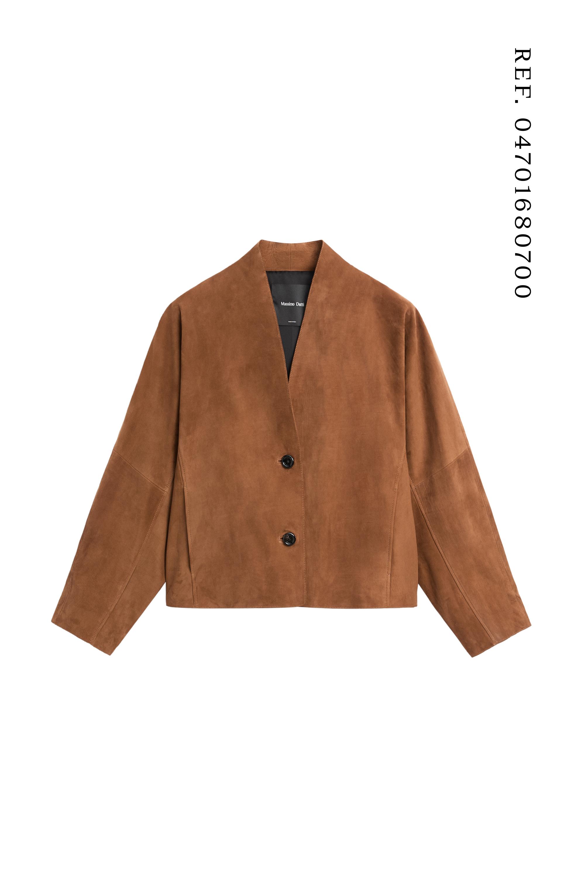 Suede V-neck balloon jacket — CAMEL