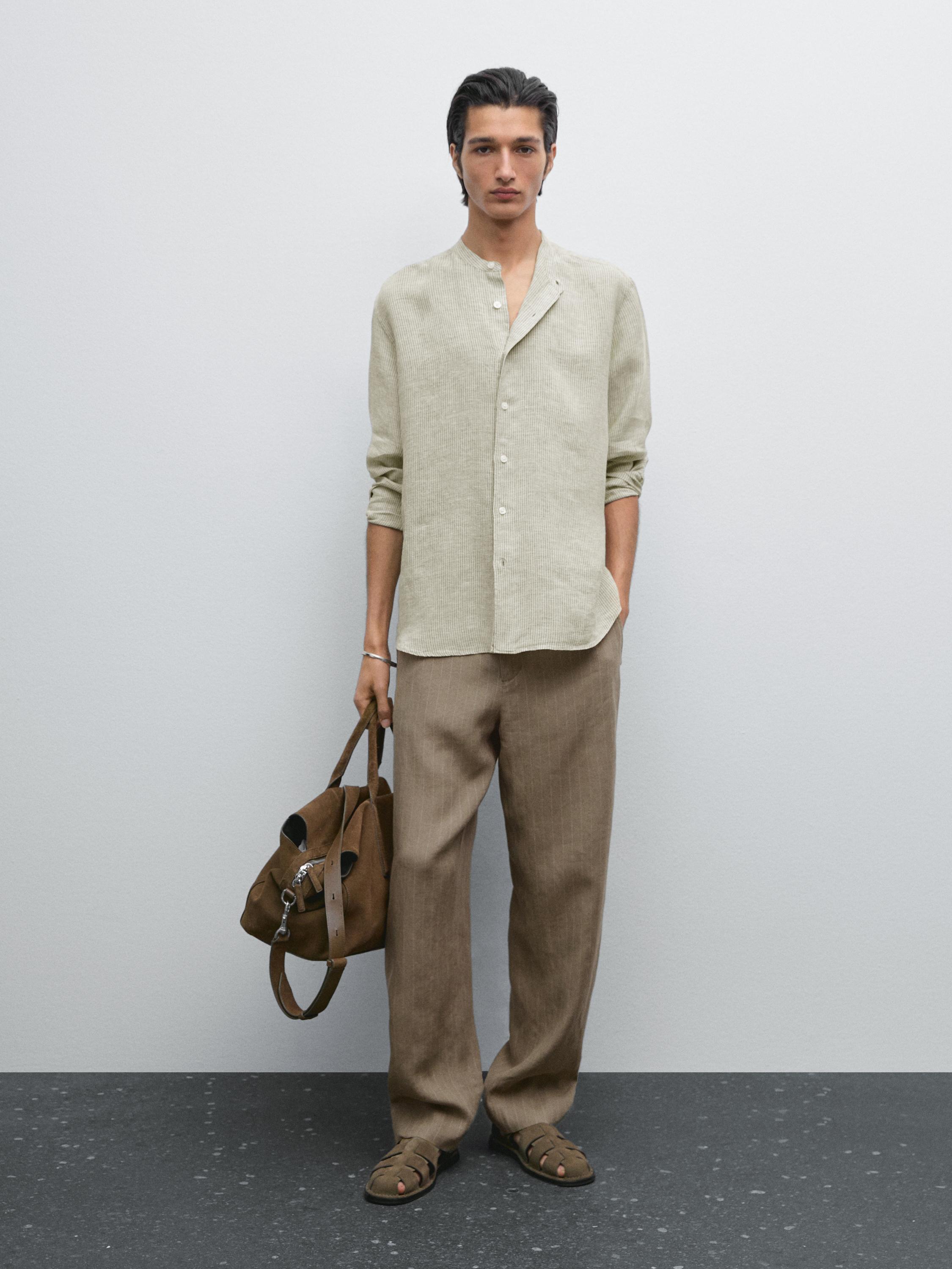 Camisa cuello mao 100% lino rayas