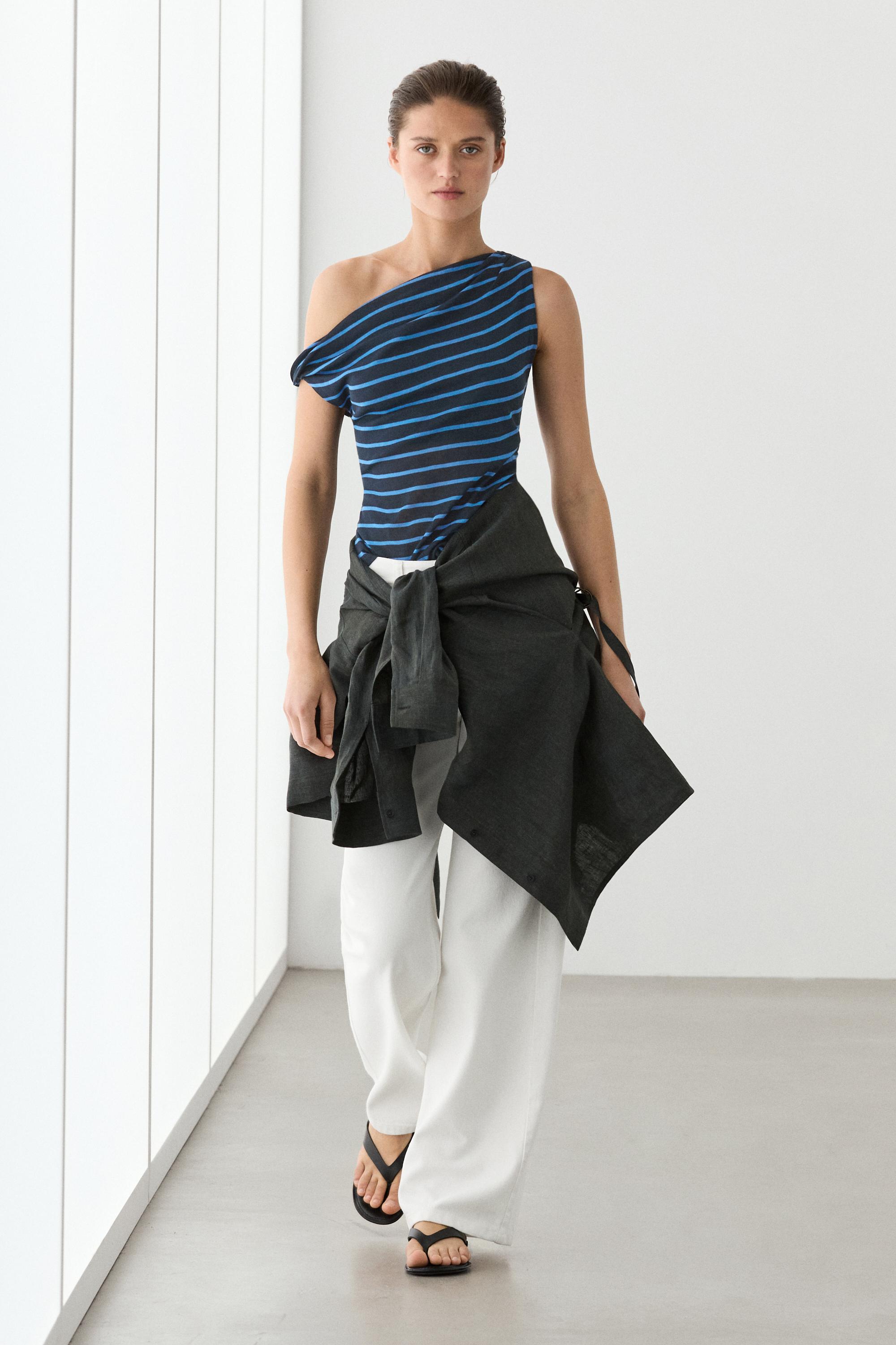 Топ из хлопка с драпировкой в полоску