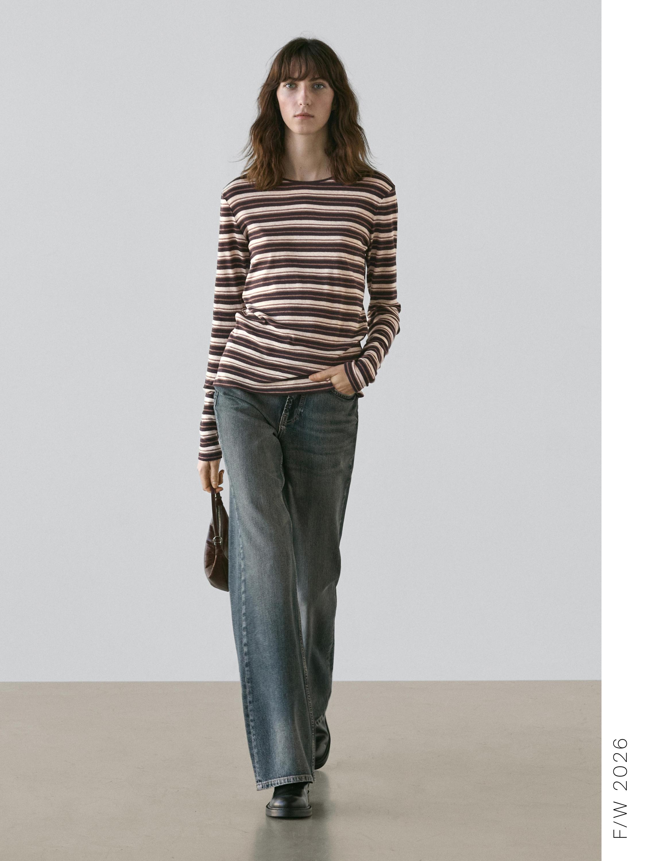 Cotton blend striped long sleeve T-shirt — BROWN