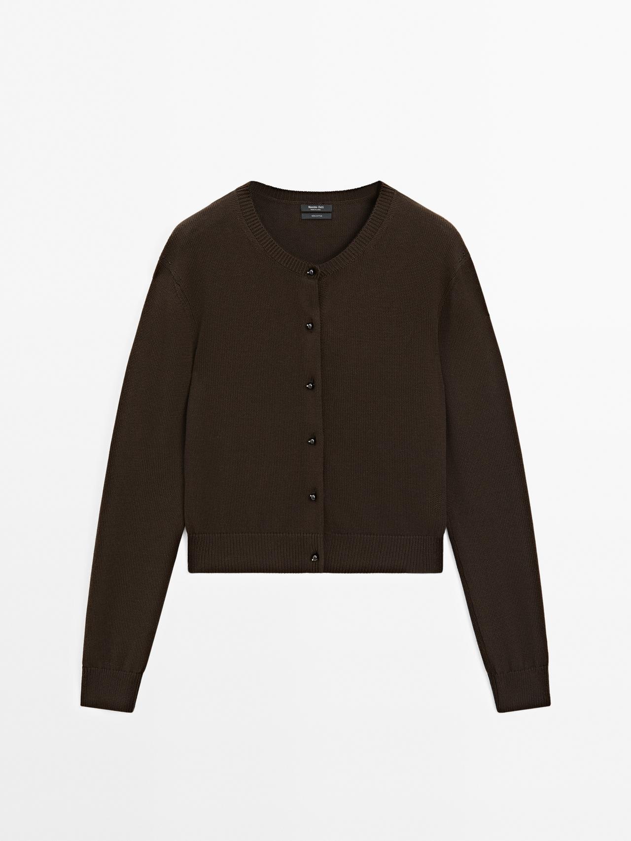 Massimo Dutti - Dame - Strikket Cardigan Med Rhinstensknapper - Chokolade - S