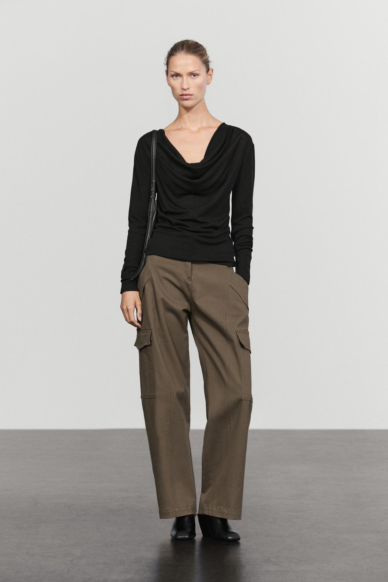 Long sleeve top with draped neckline — BLACK