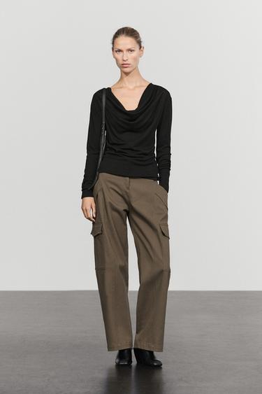 Long sleeve top with draped neckline — BLACK 5