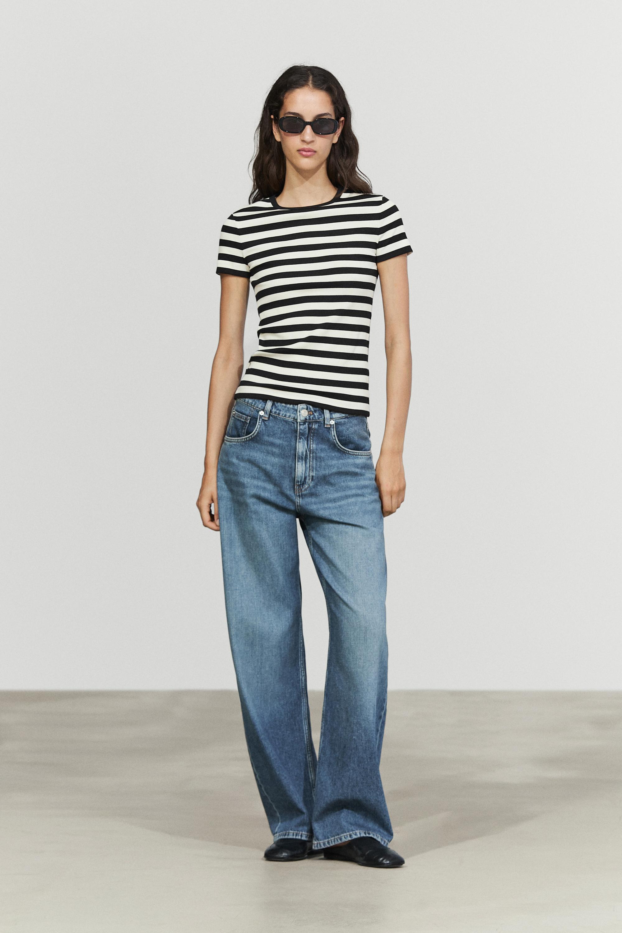 Short sleeve striped cotton blend T-shirt — BLACK
