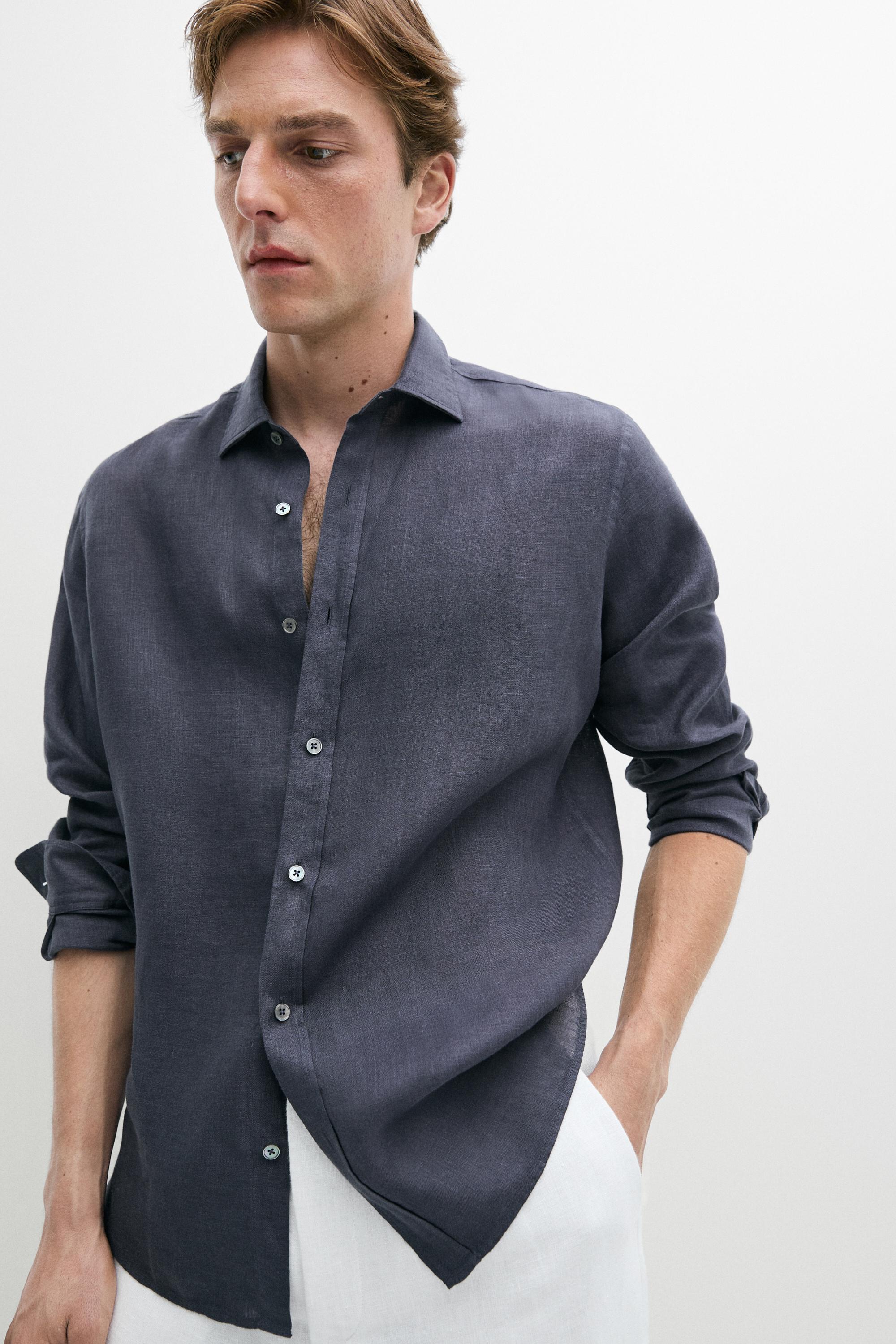 100% linen regular fit shirt — INK BLUE
