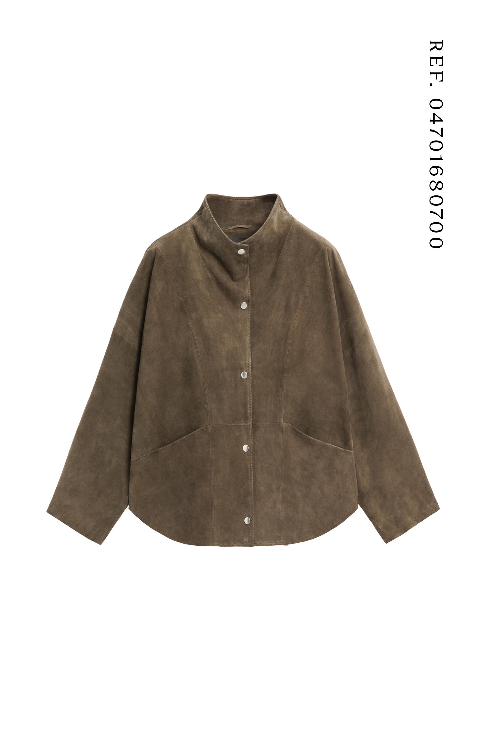 Suede leather high neck jacket — KHAKI