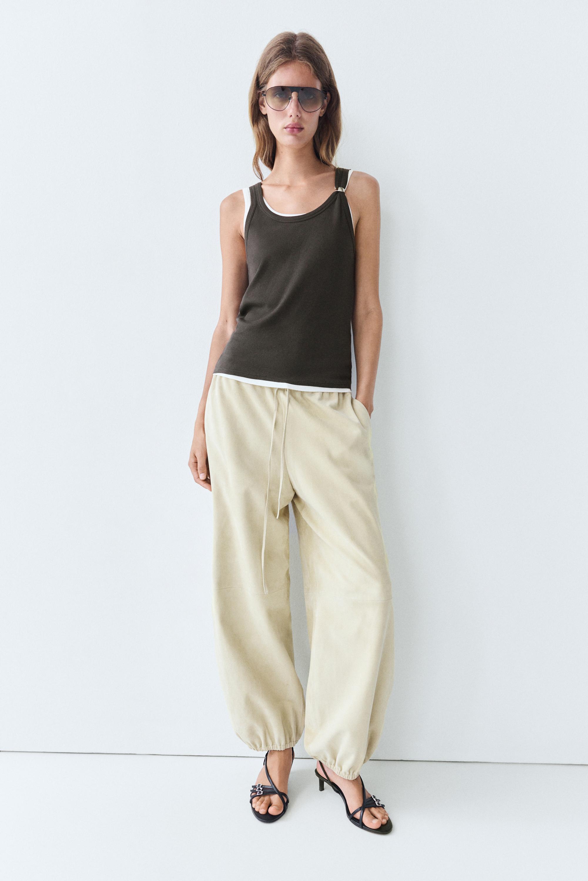 Double-layer strappy top with jewel detail — BROWN