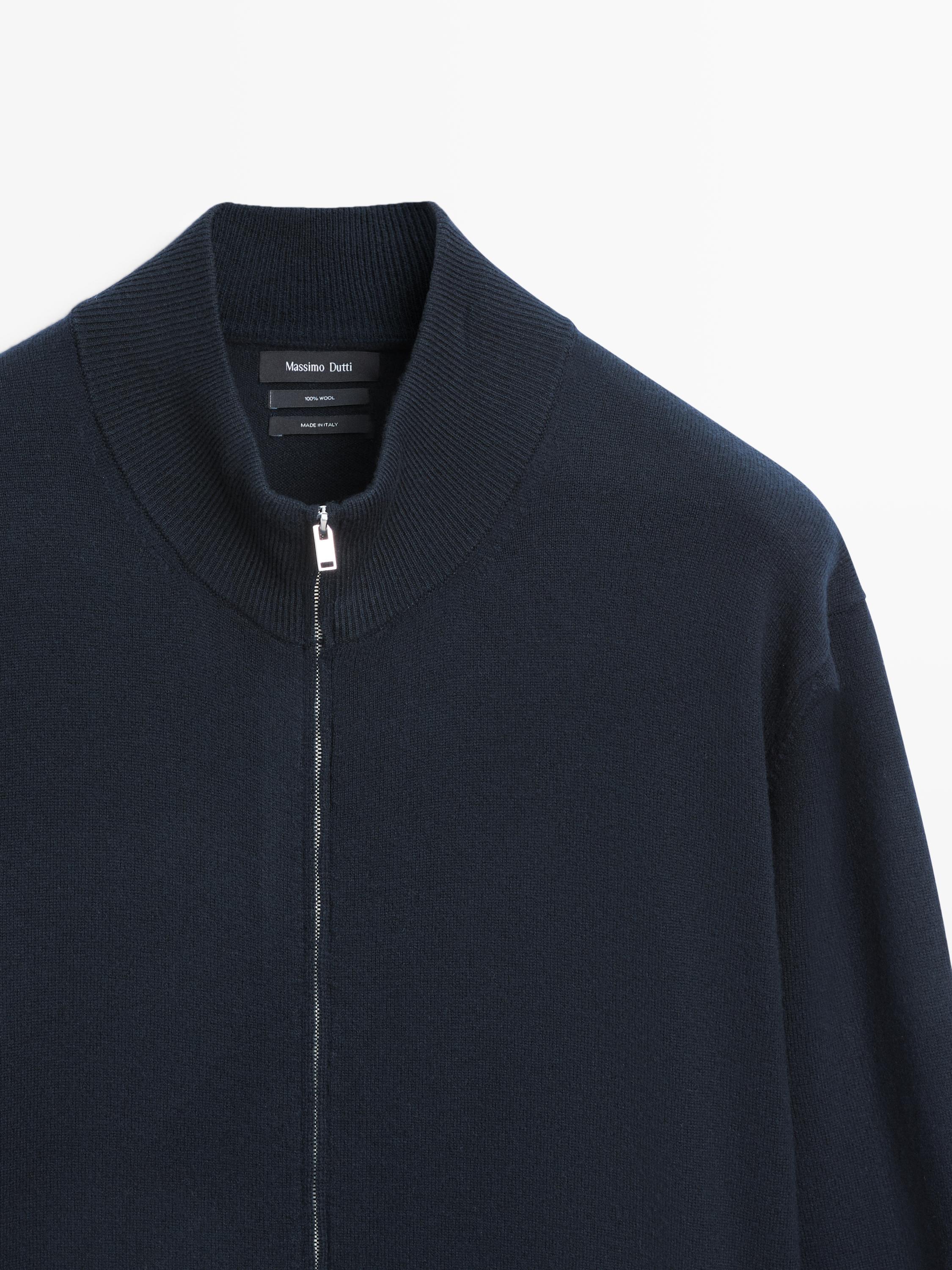 Wool zip-up knit cardigan — NAVY BLUE