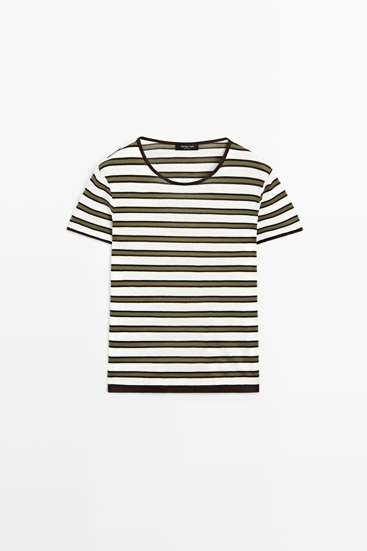 100% cotton short sleeve striped T-shirt — KHAKI