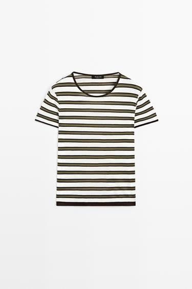 100% cotton short sleeve striped T-shirt — KHAKI 2