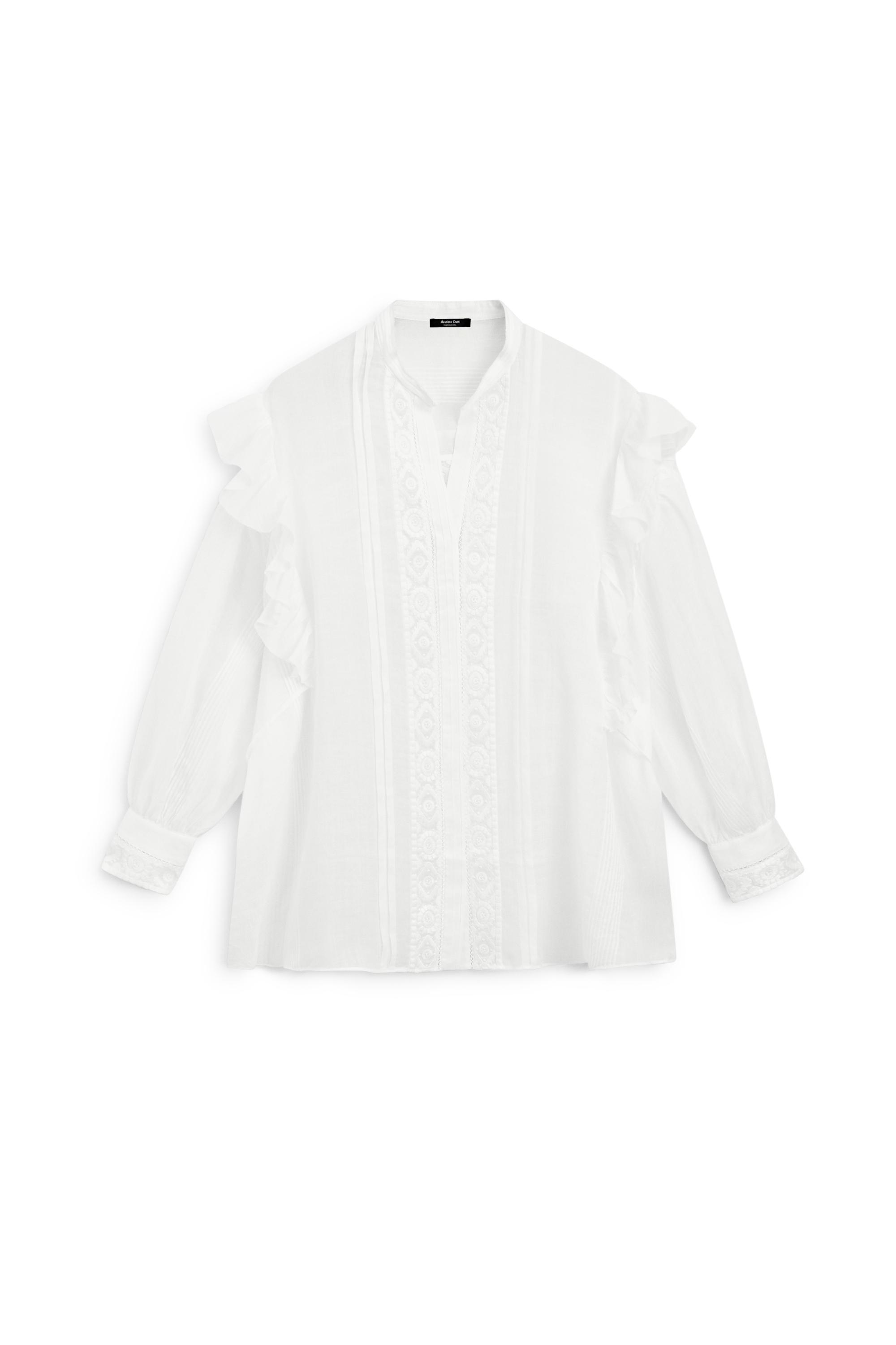 Stand collar blouse with embroidery and ruffles — WHITE