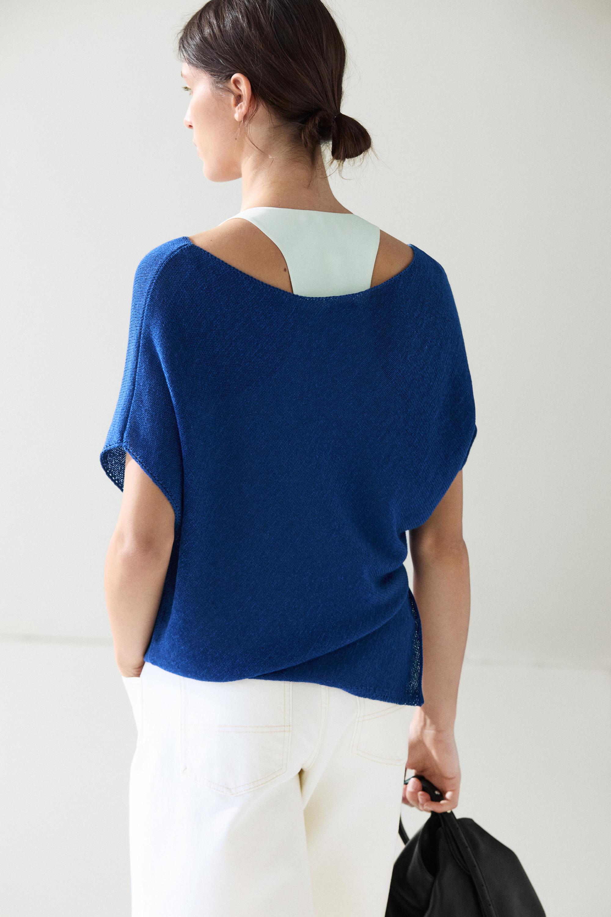 Asymmetric short sleeve linen T-shirt — DEEP BLUE