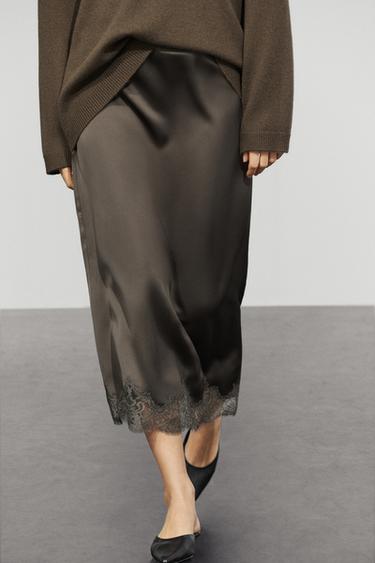 Satin lace midi skirt — GREY 3